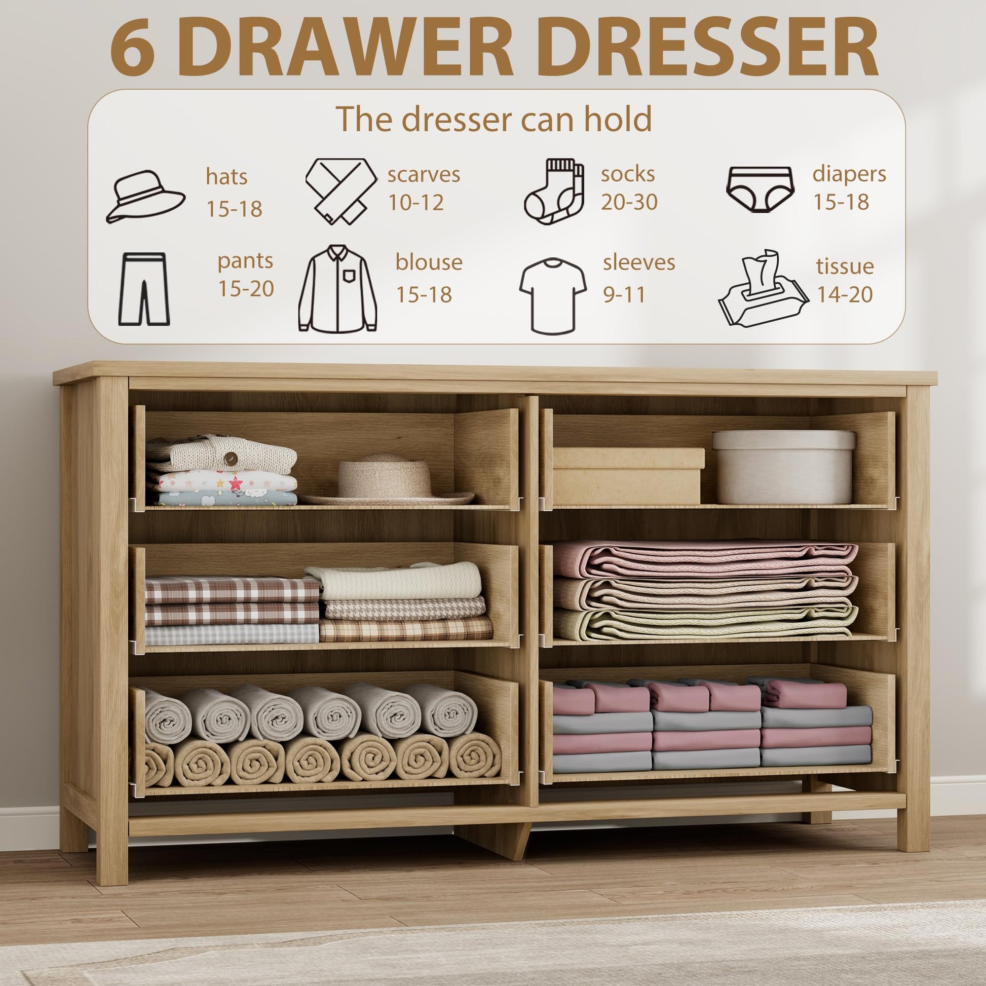 Garvee Rattan 6 Dresser for Bedroom, 47.2" Wide Dresser, Boho Wide Drawer Dresser with Storage, Wooden Closet Dressers Chest of Drawers Freestanding for Bedroom, Nursery, Living Room, Natural