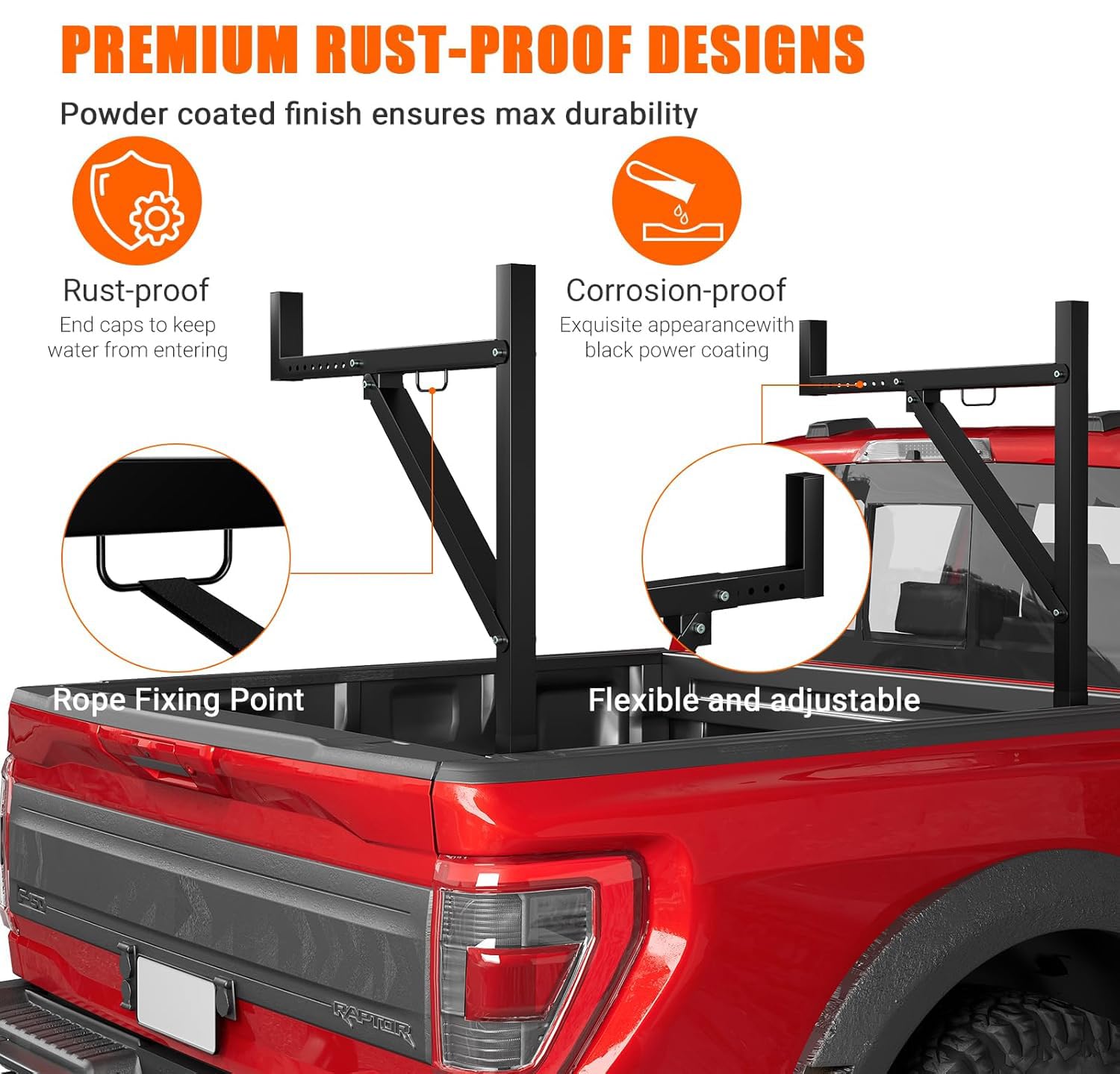 Garvee Truck Ladder Rack Extendable 19-34in Adjustable Height 44.5-49.5in Steel Heavy Duty Rust-Proof Powder Coated for Kayak Surfboard Lumber
