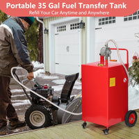 Garvee 35-Gallon Fuel Caddy - Manual Transfer Pump with 8ft hose Fueling Nozzle and 360° Swivel Connector, 4-Wheel Design for Gasoline and Diesel, Ideal for Cars, Lawn Mowers, and Boats, Red