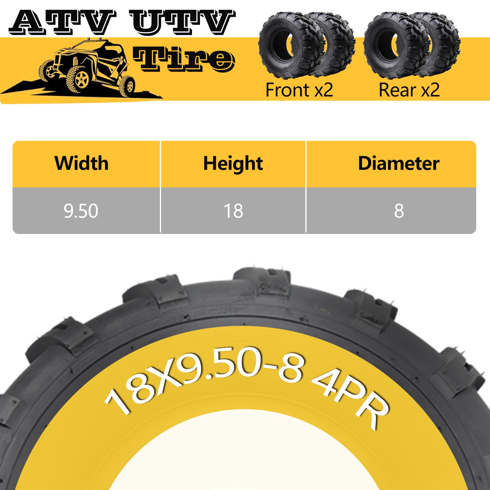 Garvee 18x9.5-8 ATV Tires, 4PR All Terrain Tubeless, Pack of 2, for ATV UTV Trail Sand Mud Off-Road