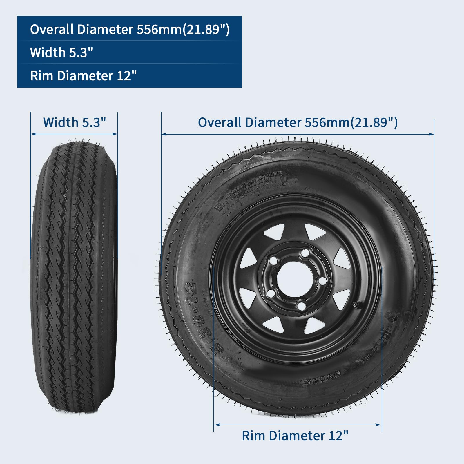 Garvee 2-Pack Trailer Tire On Rim 5.30-12 5 Lug 4.5" PCD Load Range C Black - Durable Heavy-Duty Trailer Tires & Wheels