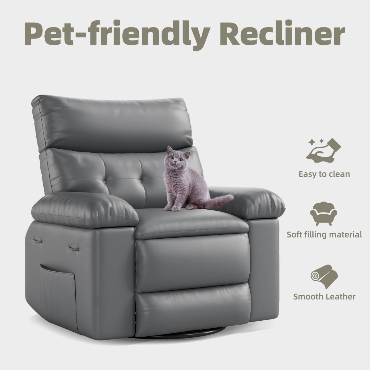 Garvee Oversized Recliner Chairs with Heat and Massage - 360° Swivel Lazy Boy Recliner Chair for Adults- Manual Rocking Chair with Cup Holder for Living Rooms, Bedrooms, and Nurseries - Grey