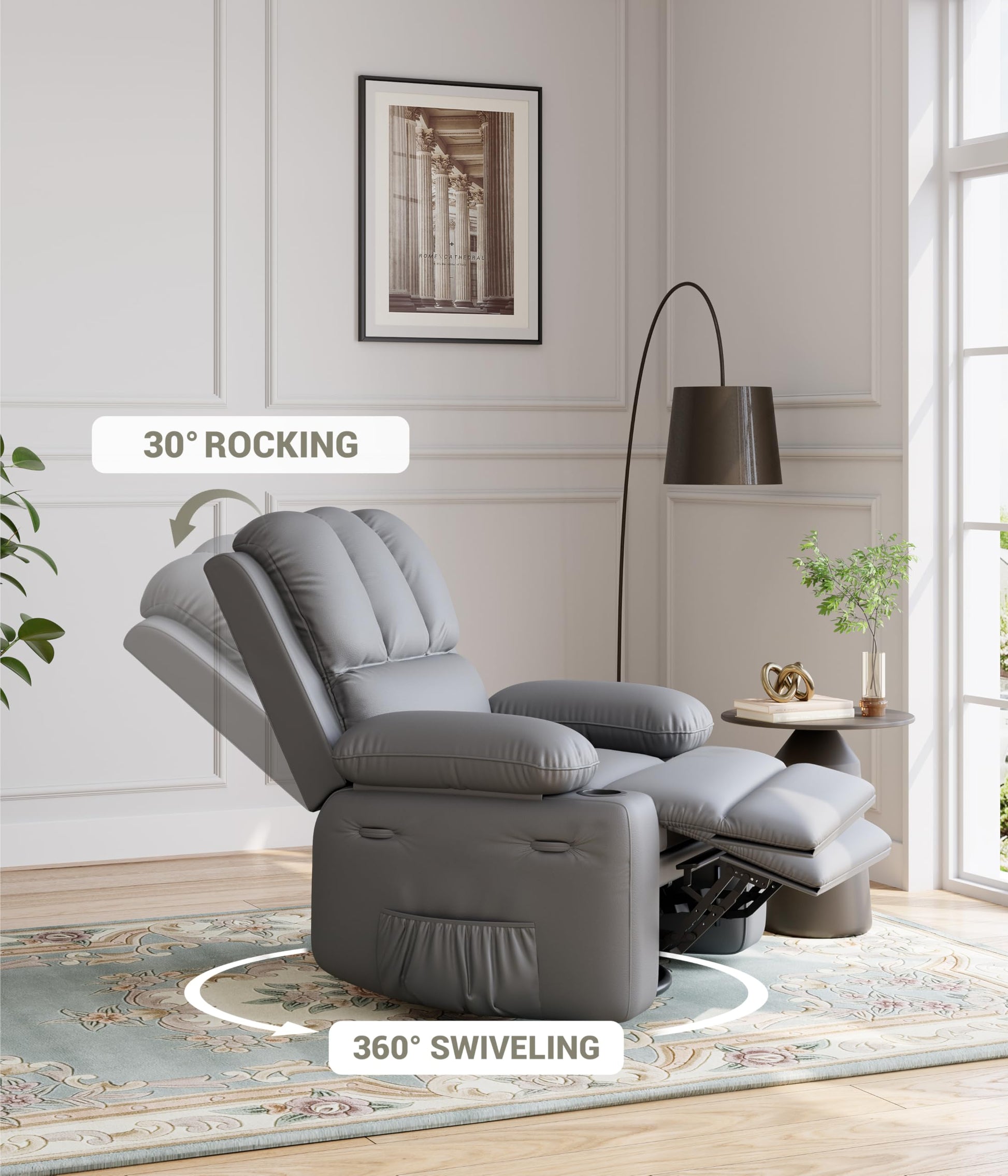 Garvee 22'' Rocker Swivel Recliner Chair, Lazy Boy Recliner for Adults, with 1.5X Sponge Filling, Side Pocket, and Cup Holder, for Living Room, Bedroom, and Nursery, Grey
