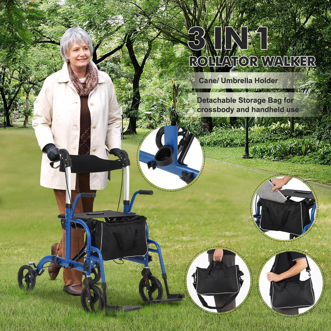 Garvee All-Terrain 2-in-1 Folding Walker & Transport Chair with Rest Seat, Adjustable Handlebars, Dual Brake System, Storage Bag for Seniors, Shopping, Outdoor Use, 300lbs Capacity, Blue