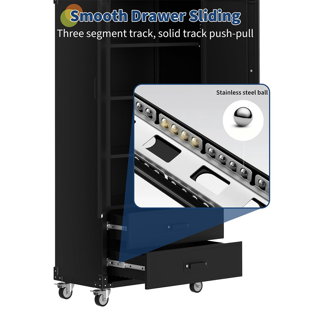 Garvee 72" Metal Storage Cabinet - Rolling Garage Cabinet with Locking Doors, 2 Drawers, 3 Adjustable Shelves, 0.6mm Cold-Rolled Steel, Lockable Wheels, Mobile Design for Garage and Office, Black