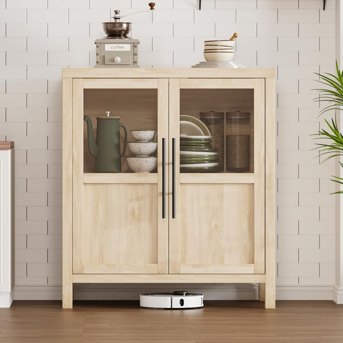 Garvee Sideboard Buffet Cabinet with Glass Doors, 29" Large Buffet Cabinet with Storage, Modern Farmhouse Storage Cabinet Table for Kitchen Dining Room, Living Room(Glass with 2 Door, Pear Wood)