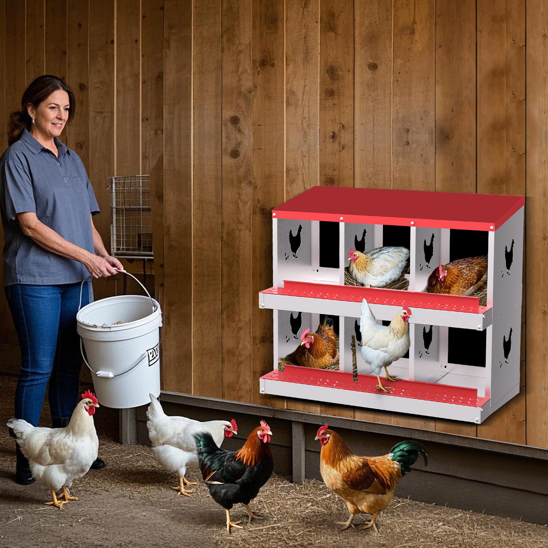 Garvee 6 Compartments Metal Chicken Nesting Boxes, Nesting Boxes, Chicken Laying Box with Roll Out Egg Collection with Vented Holes