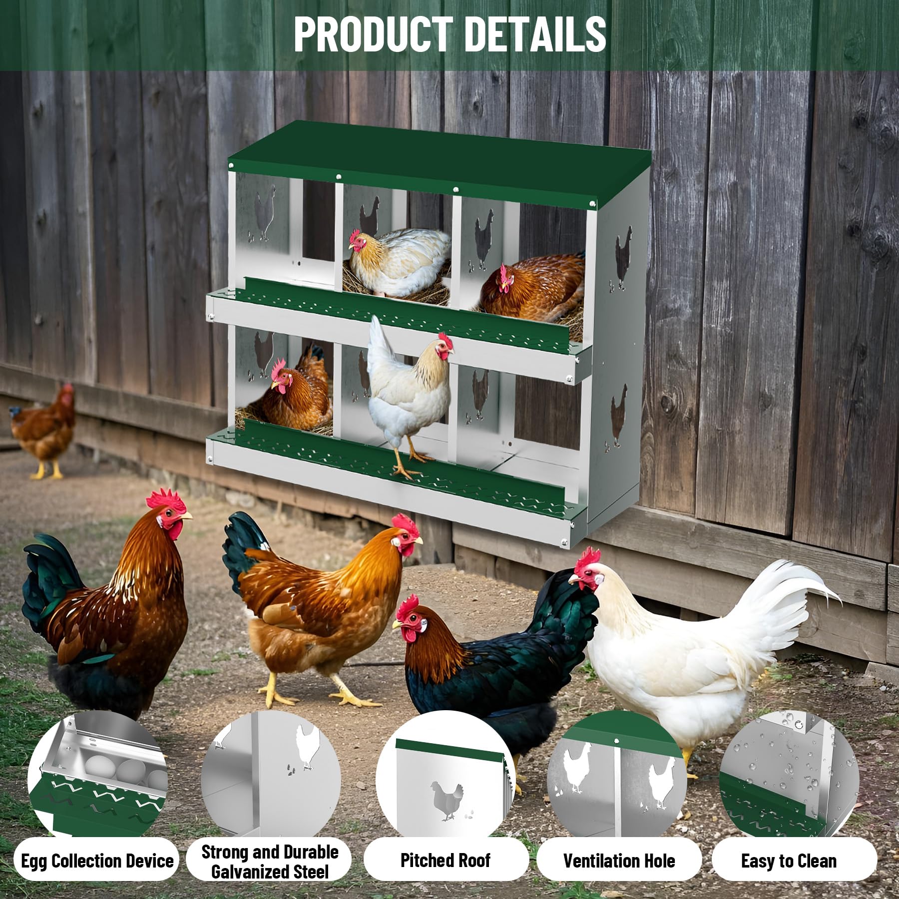 Garvee 6 Compartments Metal Chicken Nesting Boxes, Nesting Boxes, Chicken Laying Box with Roll Out Egg Collection with Vented Holes, Green