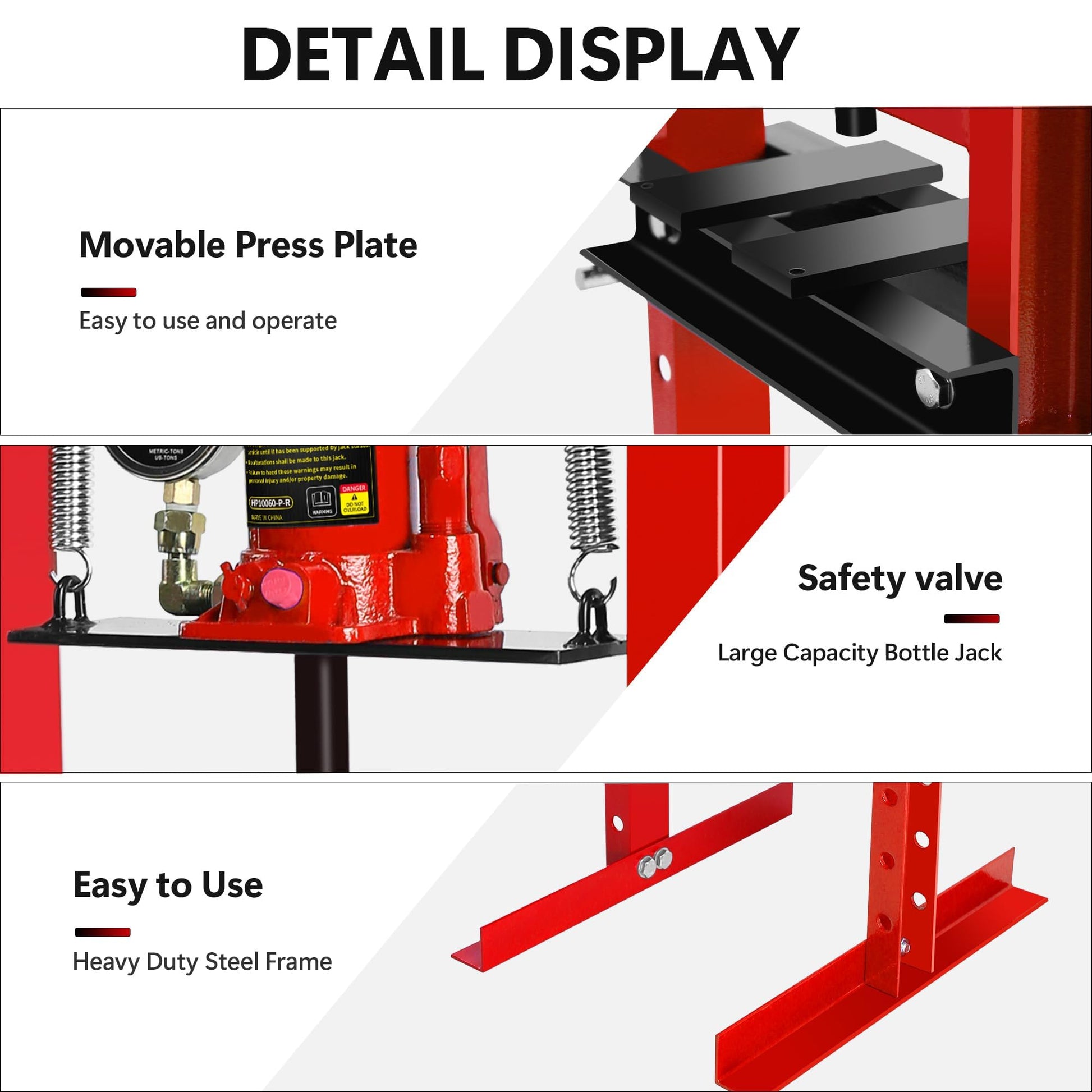 Garvee 6 Ton Shop Press with Pressure Gauge, Adjustable H-Frame Hydraulic Garage Floor Press with Stamping Plates for Bending, Straightening, Pressing Parts, and Installing Bearings & U-Joints, Red