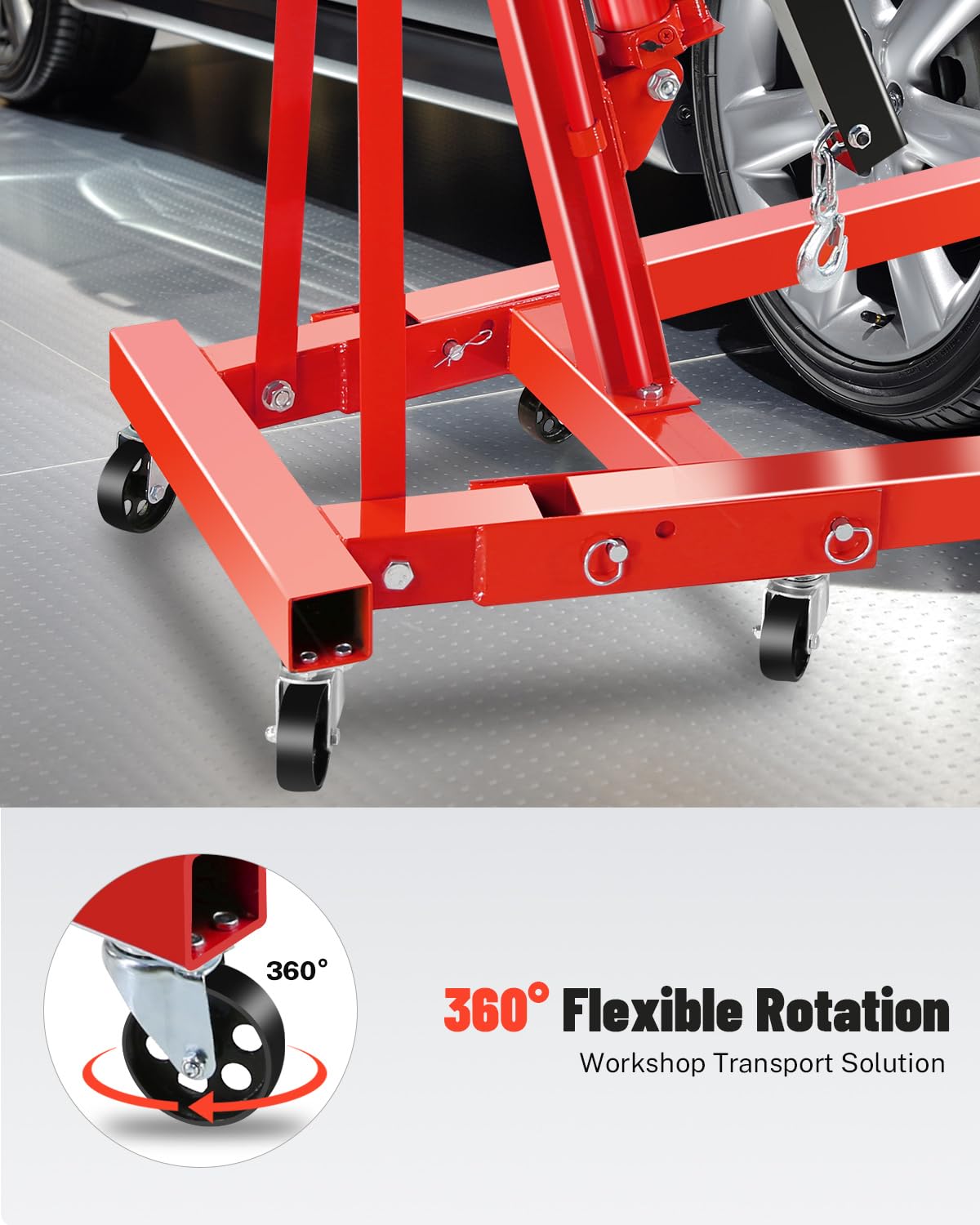 Garvee 2 Ton Engine Hoist Cherry Picker - 4400 Lbs Capacity, Foldable Design, Steel Frame, 6 Casters, Hydraulic Pump - Portable for Truck & Boat Engines, Red