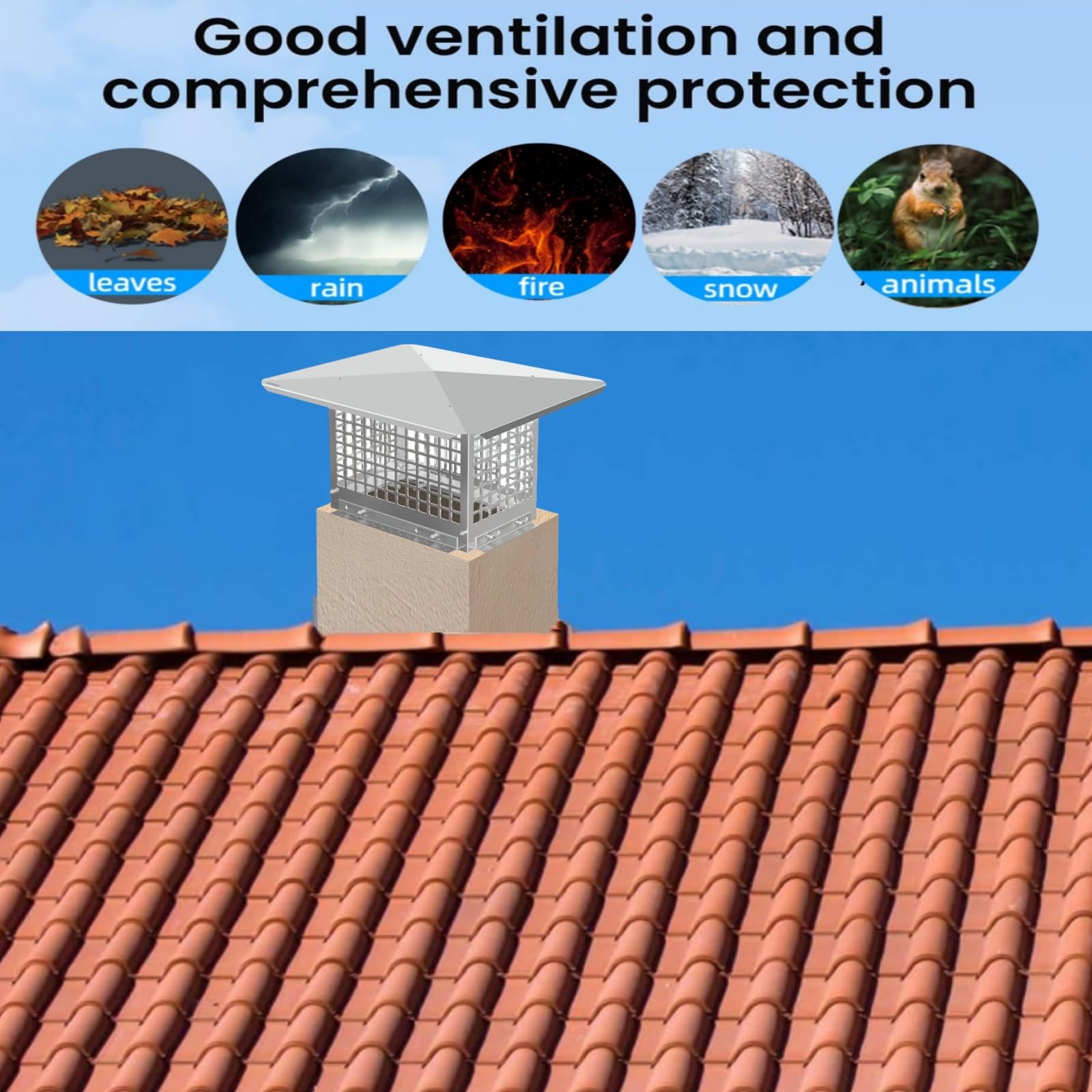 Garvee Chimney Cap, 12x12 Inches Square Chimney Cover, Stainless Steel Fireplace Chimney Caps with Adjustable Bottom, Mesh Covers for Outside Existing Clay Flue, Silver