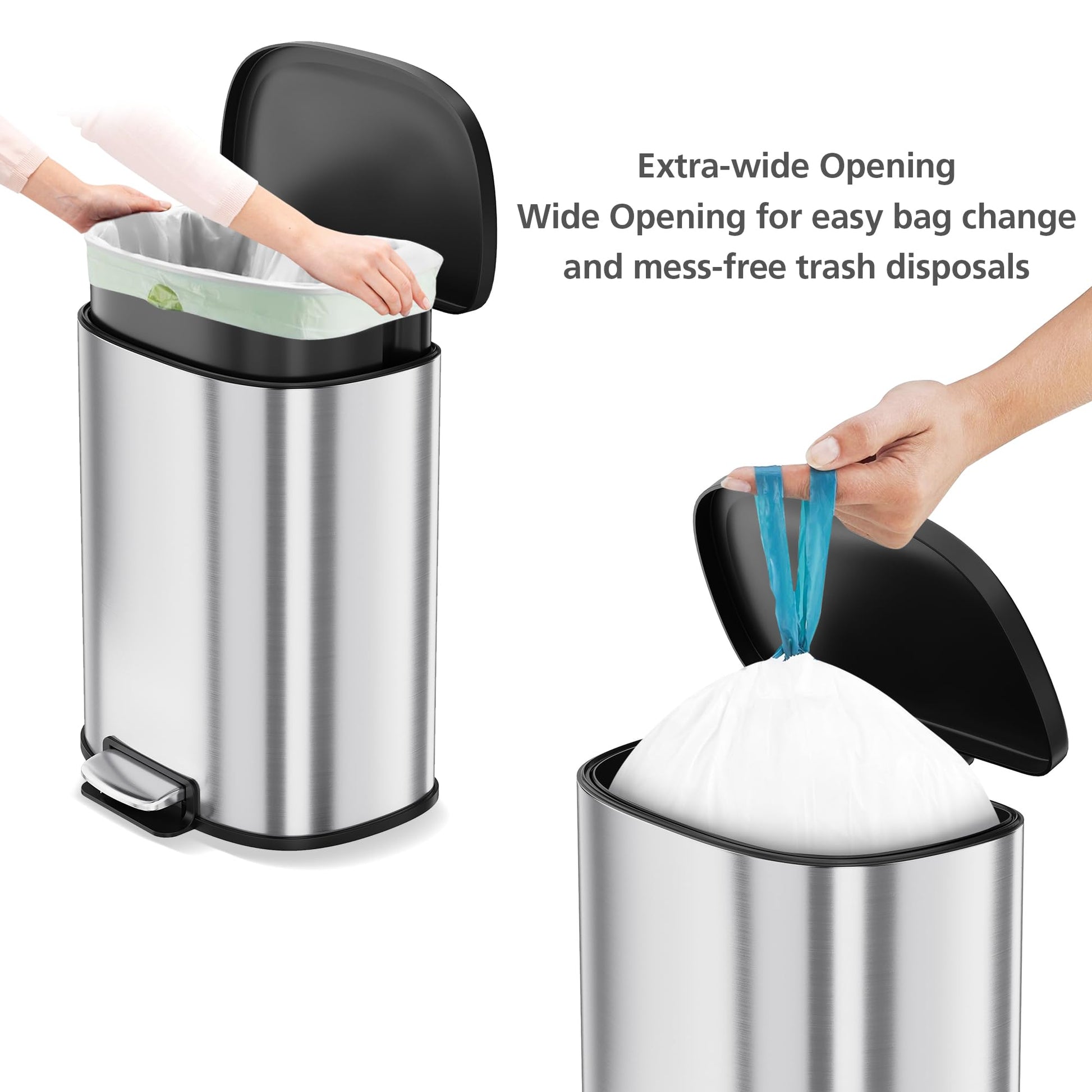 Garvee D-Shape Kitchen Trash Can 50L/13.2 Gal, Smudge Resistant Step-On Garbage Can with Lid, Stainless Steel Trash Bin with Removable Buckets, Soft-Close Lid