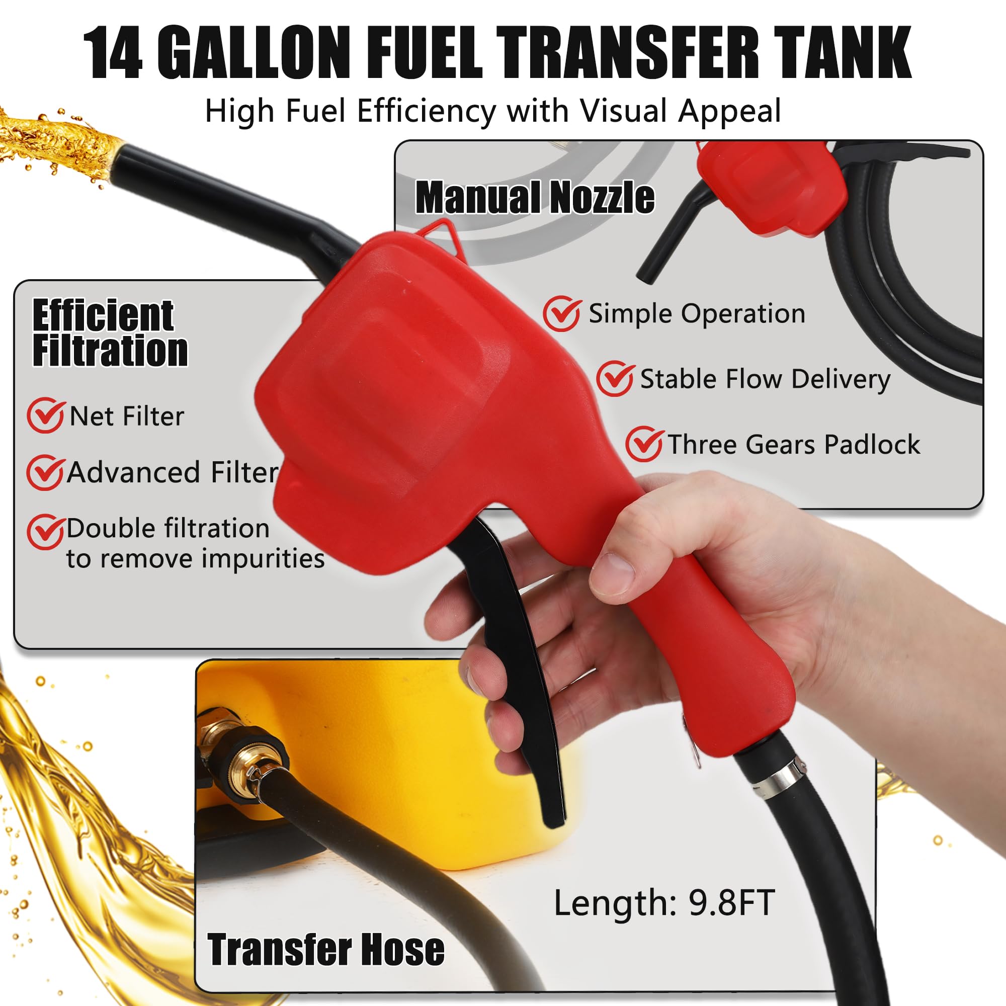 Manual red fuel nozzle and 9.8 ft transfer hose shown with filtration details