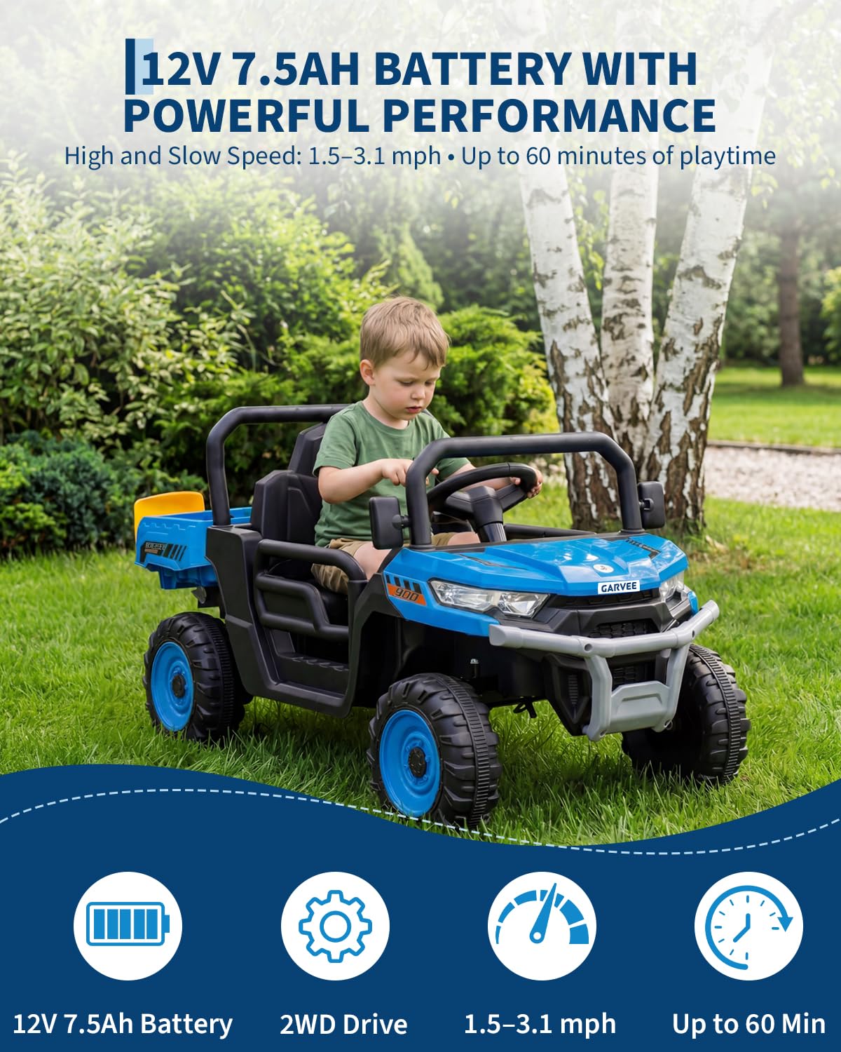 Garvee 12V Kids Ride on Dump Truck with Parent Remote Control, Single Seater Electric Farm Truck for Kids, Powered Dump Bed, Double Opening Doors, Suspension, LED Lights, MP3 & Horn,Blue