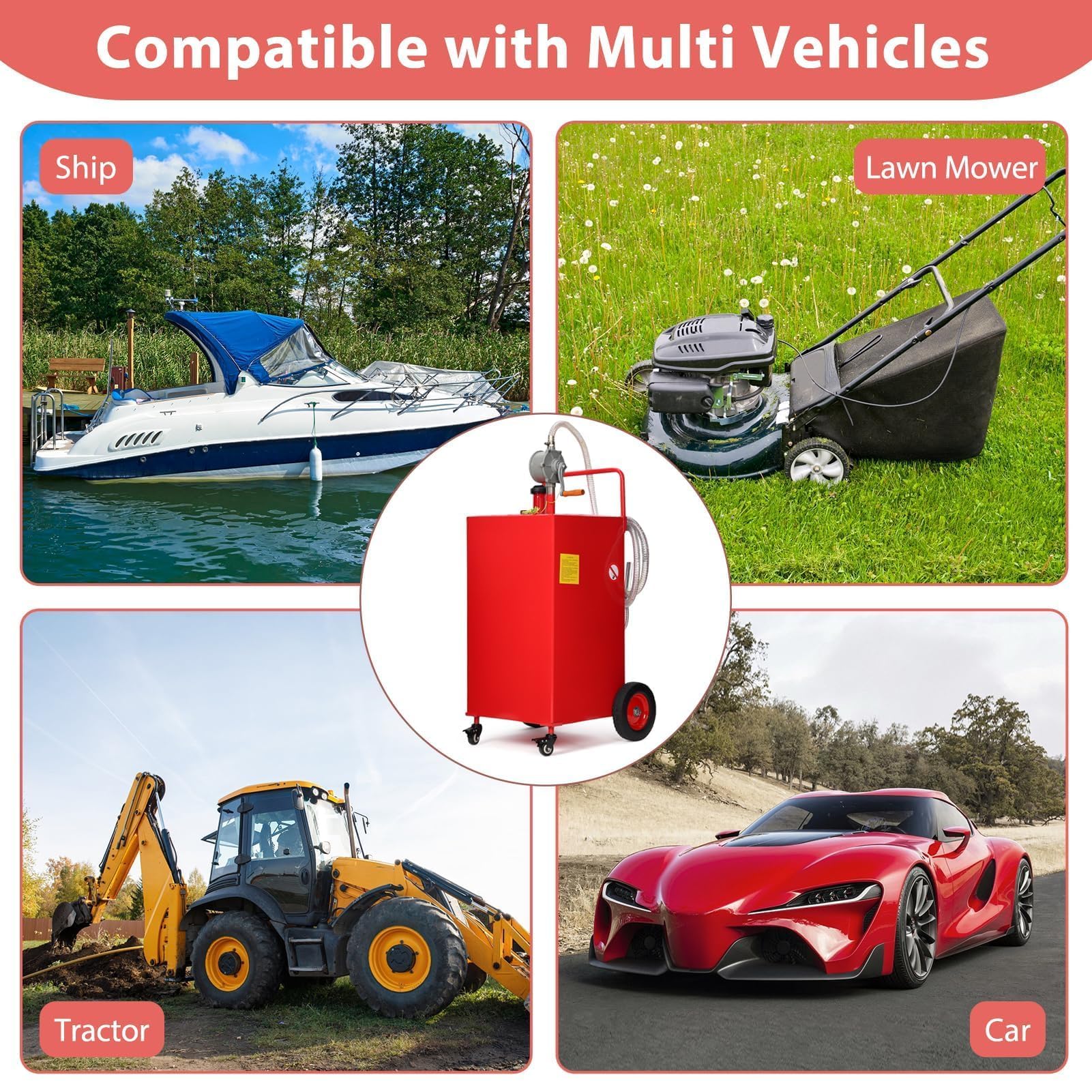 Garvee 30 Gallon Fuel Gas Caddy with 8 Inch Wheels Siphon Pump, Manual Nozzle 360° Swivel Connector, Portable for Car Mower Tractor Boat Motorcycle, Red