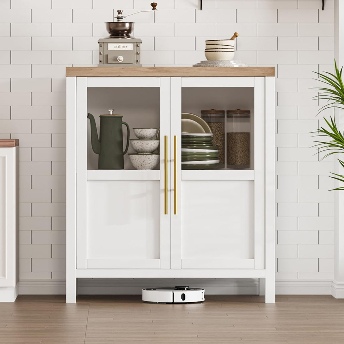 Garvee Sideboard Buffet Cabinet with 2 Glass Doors, 29" Large Buffet Cabinet with Storage, Modern Farmhouse Storage Cabinet Table for Kitchen Dining Room, Living Room (Glass with 2 Door, White)