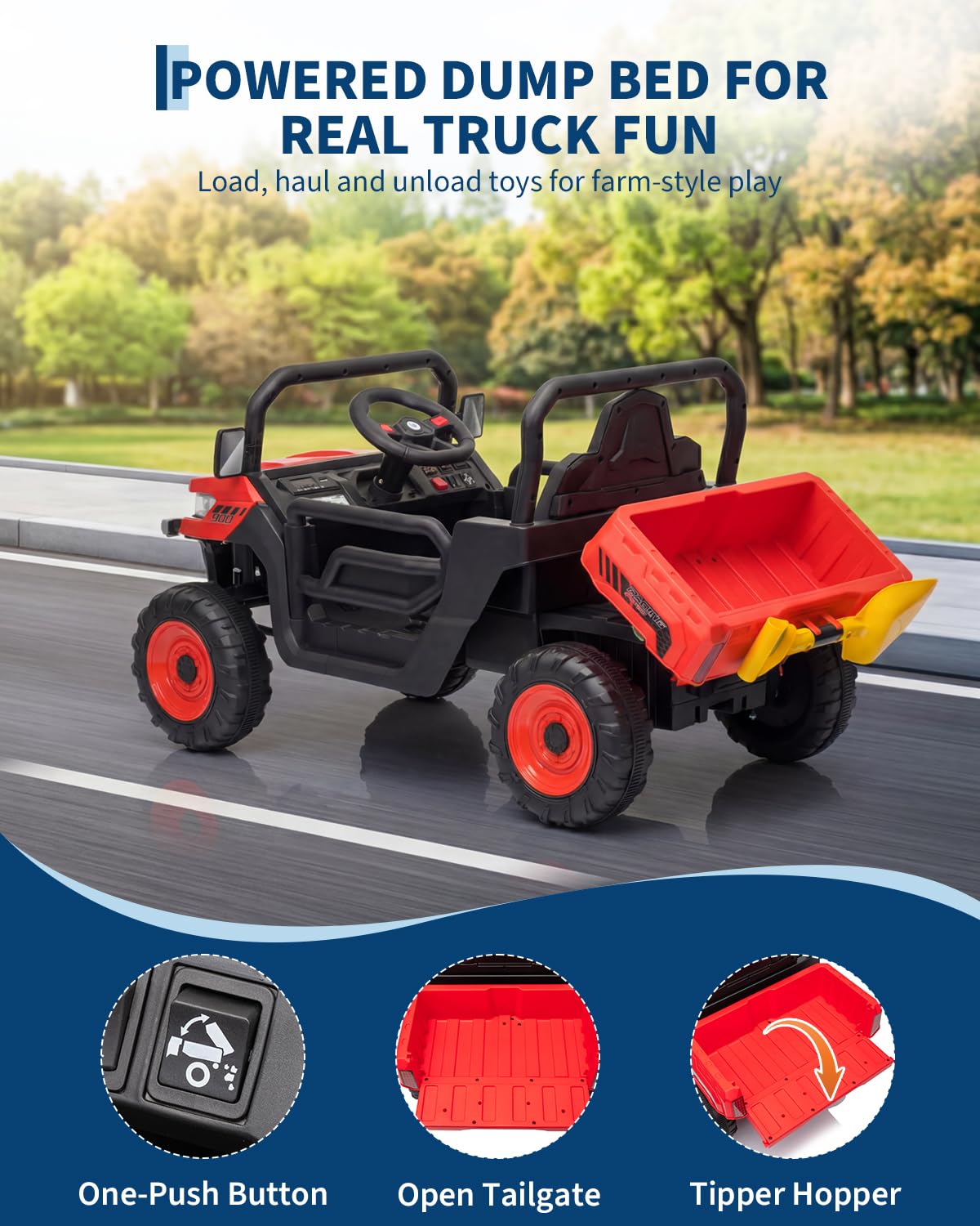Garvee 12V Kids Ride on Dump Truck with Parent Remote Control, Single Seater Electric Farm Truck for Kids, Powered Dump Bed, Double Opening Doors, Suspension, LED Lights, MP3 & Horn,Red