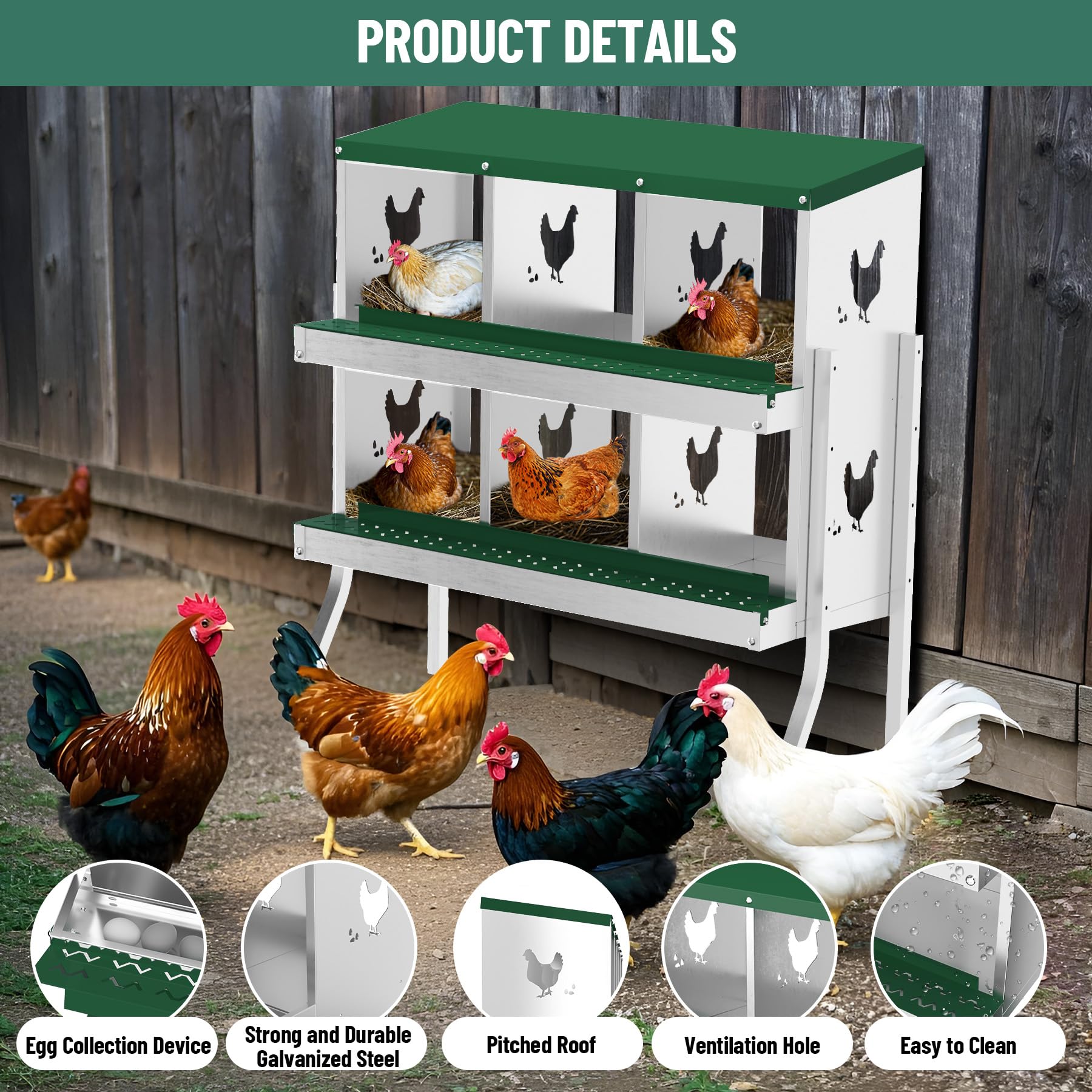 Garvee 6 Compartments Metal Chicken Nesting Boxes, Nesting Boxes with Metal Legs, Chicken Laying Box with Roll Out Egg Collection with Vented Holes