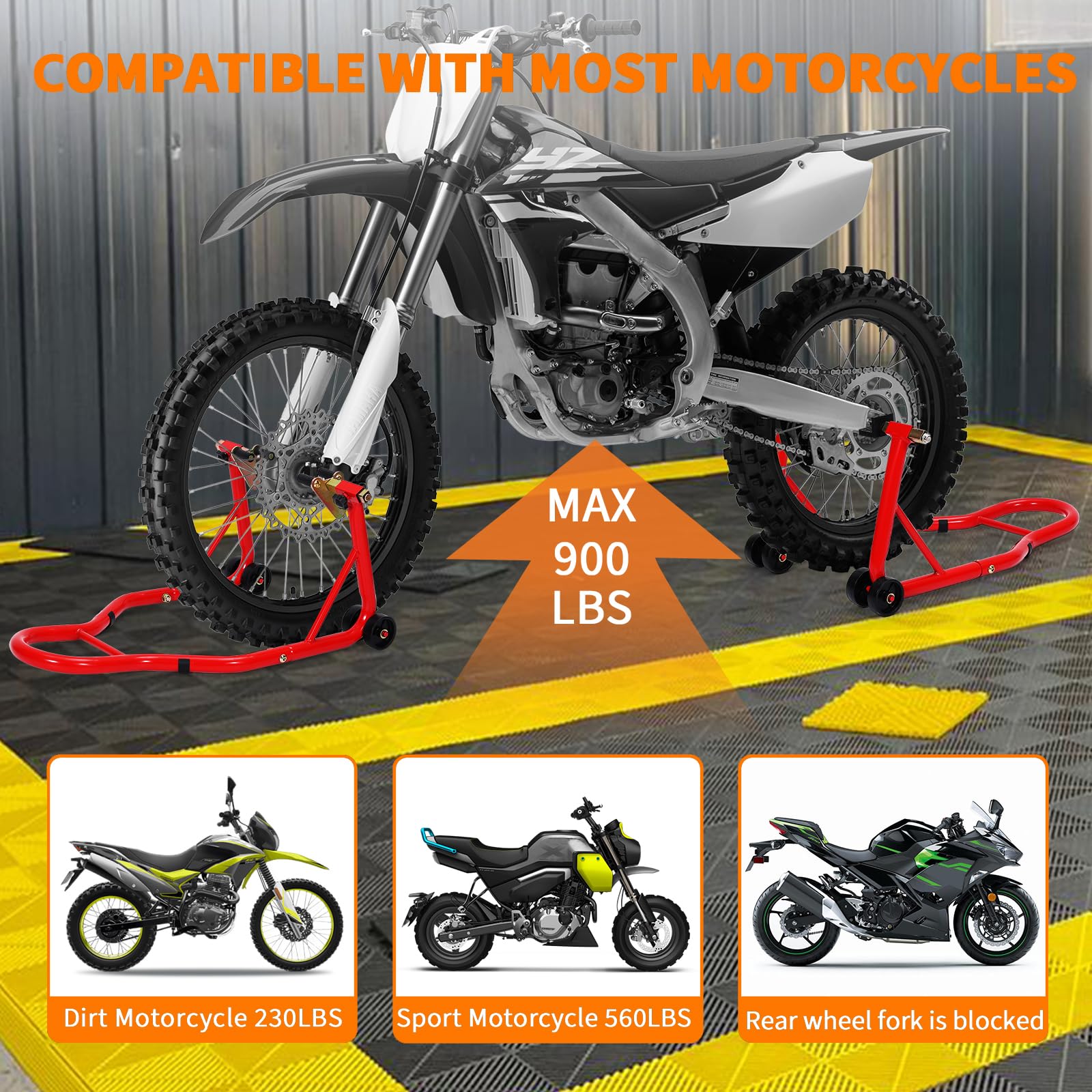 Garvee Heavy Duty Motorcycle Stand Lift 900 lbs Capacity Adjustable Steel Frame Front & Rear Combo Universal Fit for Repairs Maintenance Storage