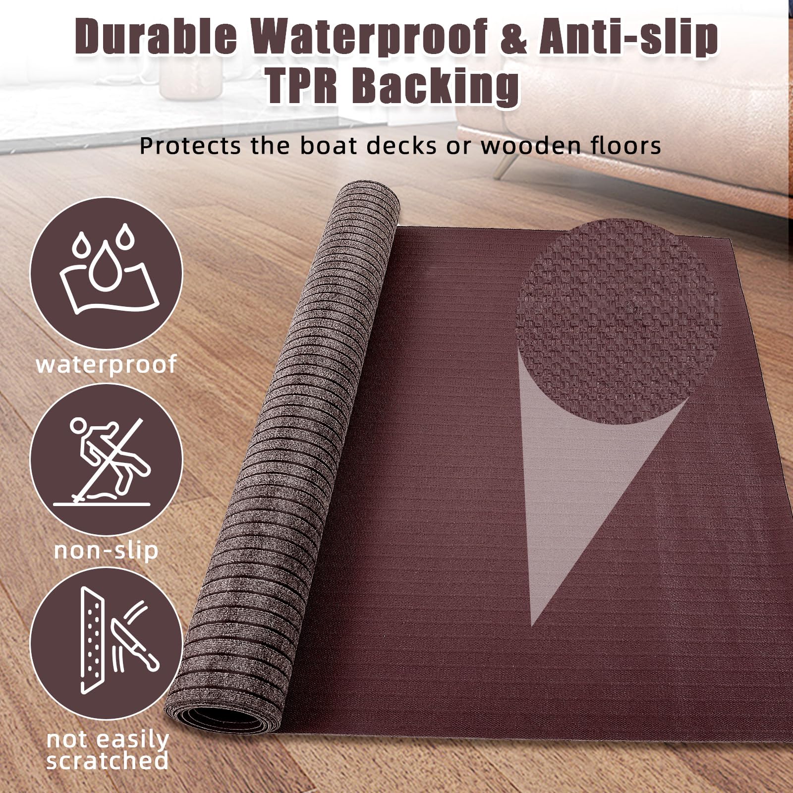 Garvee 6FT x 23FT Stripe Brown Marine Carpet, Waterproof Indoor/Outdoor Rug with TPR Non-Slip Backing for Boat, Patio Deck, Camping, and Outdoor Use