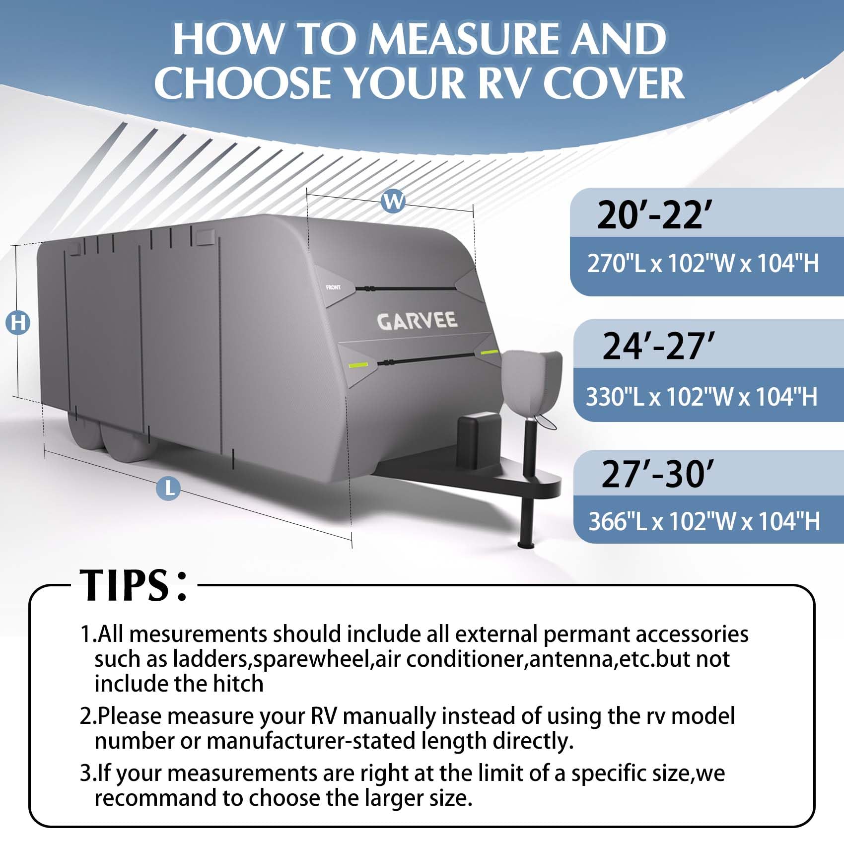 Garvee RV Cover, 27-30FT Travel Trailer Cover, Anti-UV and Waterproof with Windproof Straps, Tire Covers, Gutter & Tongue Jack Covers, and Adhesive Repair Patches for Motorhomes