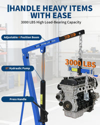 Garvee Portable Hydraulic Engine Hoist, 1.5 Ton (3000 LBS) Capacity Shop Crane with Telescopic Boom & 4 Swivel Casters, Cherry Picker Lift for Home Garage, Auto Repair, and Warehouse Use, Heavy-Duty, Blue