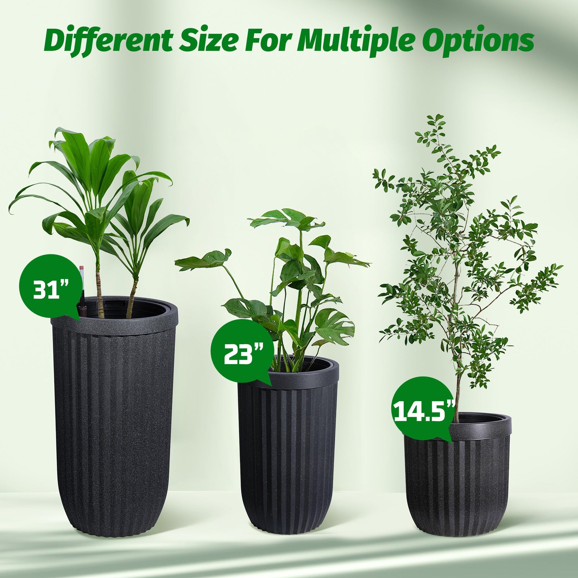 Garvee 14.5 Inch Tall Planters Set of 2 Flower Pots with a Water Level Monitor, Self Watering Insert and Hidden Wheels, Ideal for Living Room, Bedroom Office, Patio, Porch, Garden, Black