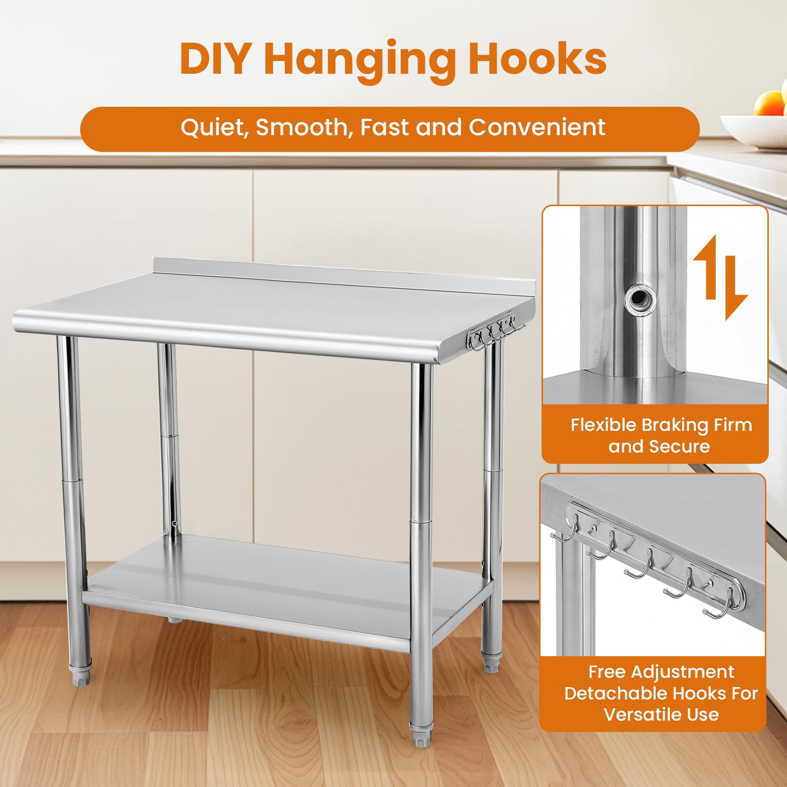 Garvee 36"L x 24"W x 35"H Stainless Steel Table for Prep & Work with Backsplash, Commercial Metal Kitchen Prep Table with Hooks and Adjustable Shelf, Heavy Duty Table for Home Garage Restaurant