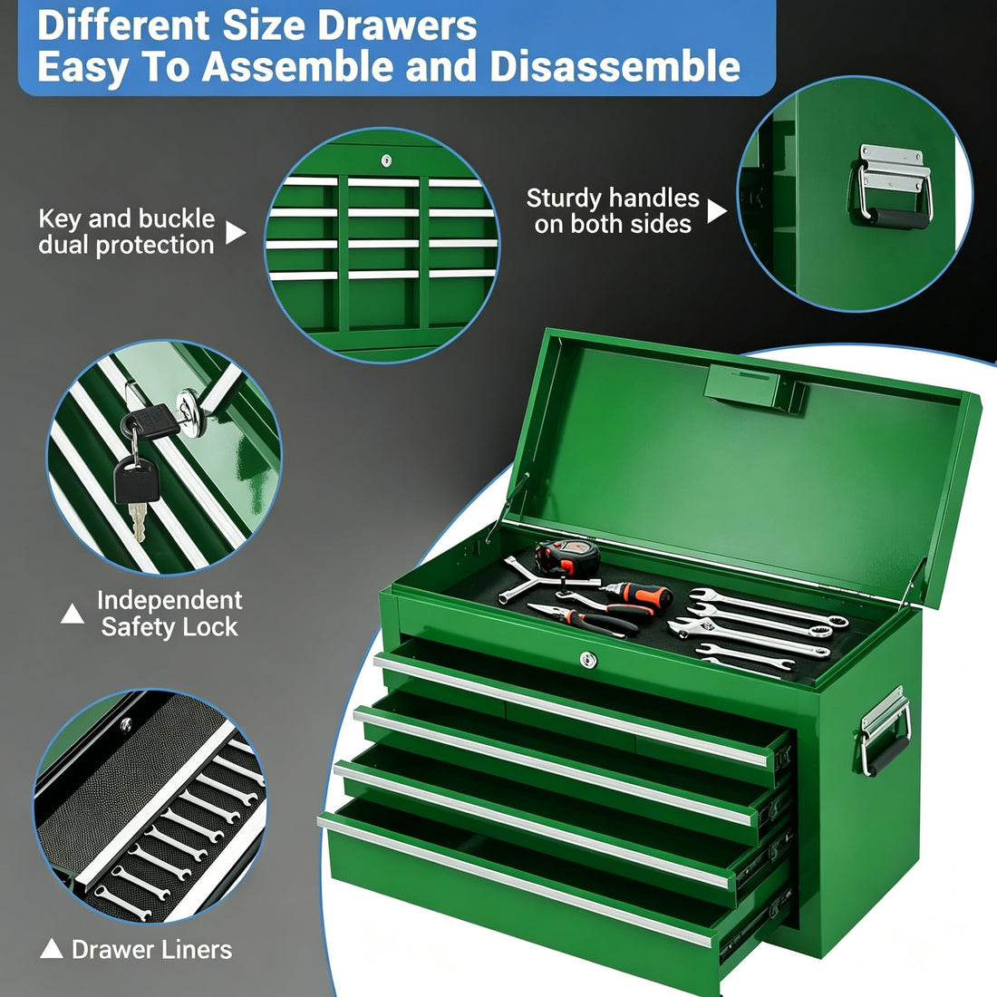 Garvee 20 Inch Heavy-Duty Tool Chest with 5 Drawers, Rolling Tool Box Cabinet on Wheels, 2-in-1 Detachable Tool Storage Organizer for Garage, Workshop, and Home Improvement, Locking Steel Tool Cart with Top Tool Box, Green