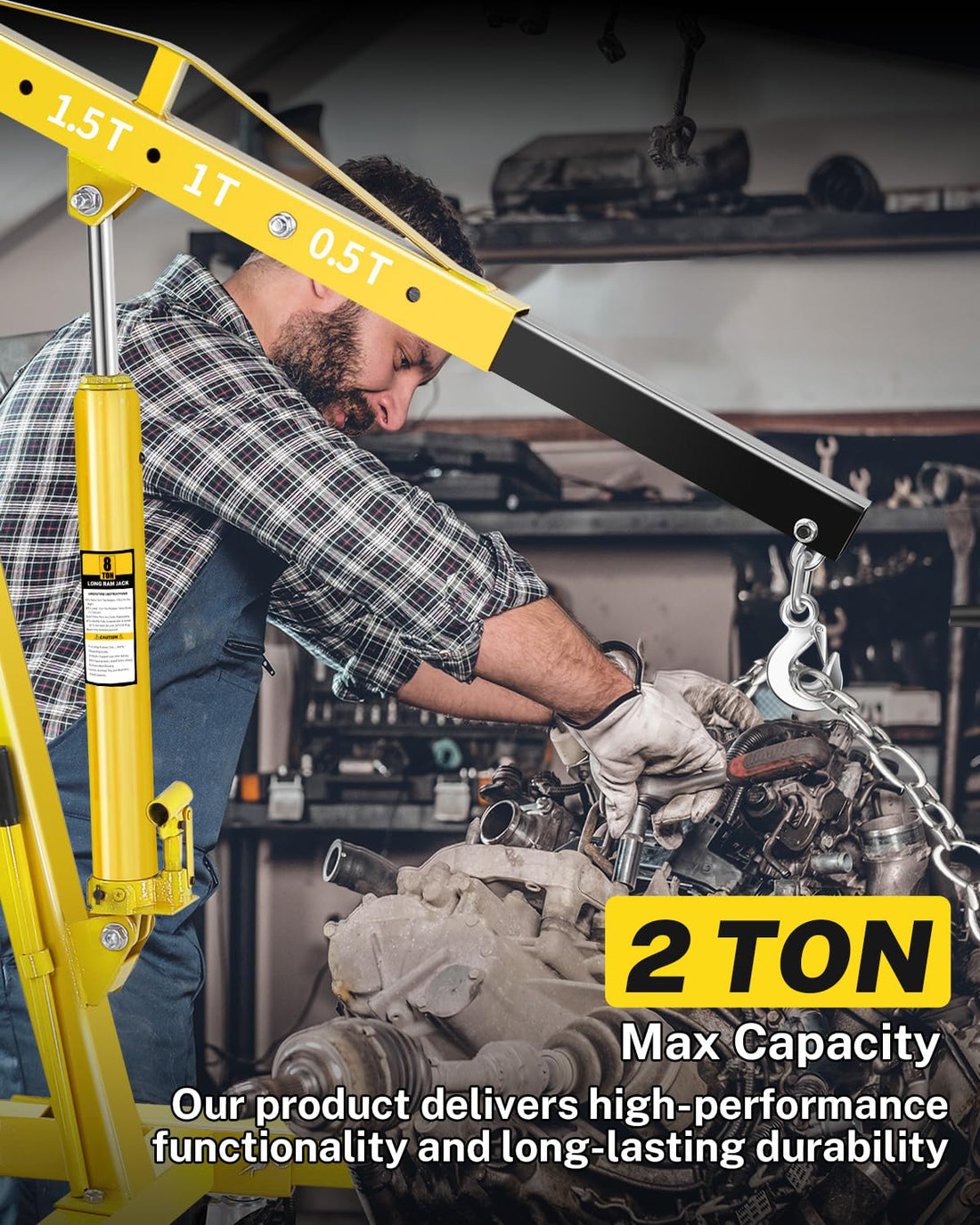 Garvee 2-Ton Folding Engine Hoist Hydraulic Crane with 6 Swivel Wheels Adjustable Boom Reinforced Steel Rust-Resistant Portable Garage Workshop Yellow