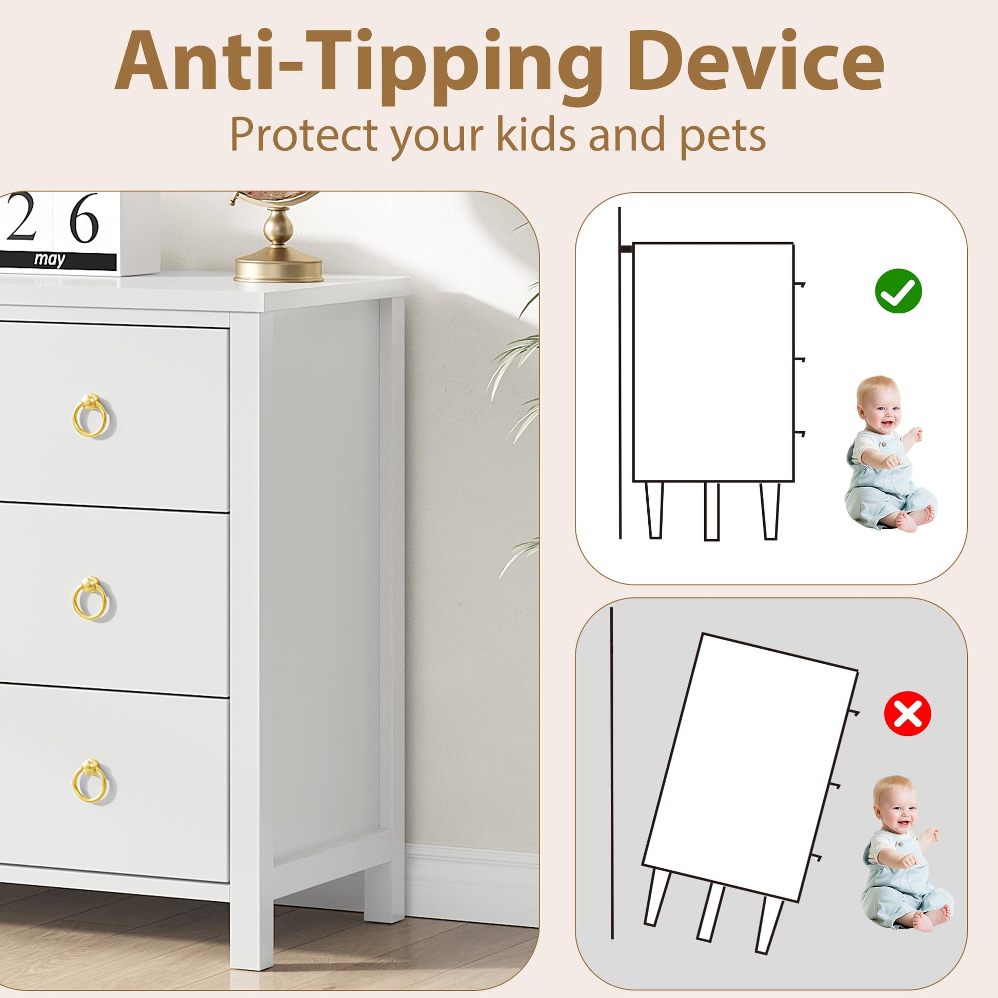 Garvee 3 Dresser for Bedroom, 29" Tall Dresser, Modern Tall Drawer Dresser with Storage, Wooden Closet Dressers Chest of Drawers Freestanding for Bedroom, Nursery, Living Room, White