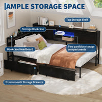 Garvee Twin Size Corner Bed Frame with 2 Storage Drawers, Charging Station and RGB LED Lights, Metal Platform Bed Frame with Desk and Bookcase Headboard for Kids Teens Guests