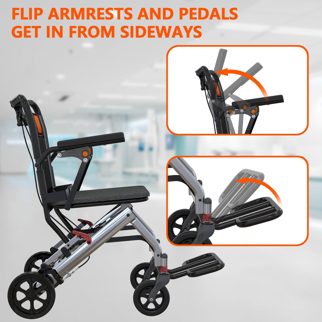 Garvee Ultra Lightweight Elderly Transport Wheelchair Weighs only 24 lbs. Portable Lightweight Folding Transport Chair, with Locking Handbrake, Removable Flip Armrests, Swinging Footrests, Supports 220 lbs.