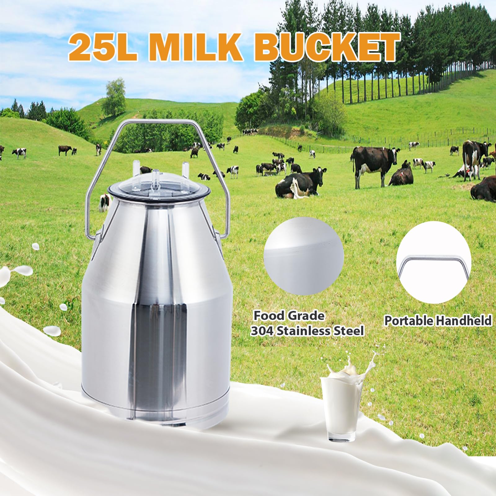 Garvee 6.6 Gal/25L Portable Cow Milking Machine, Electric Milking Machine with 304 Stainless Steel Bucket, Automatic Pulsation Vacuum Milker with Food-Grade Silicone Cups and Tubes, for Cows and Goats