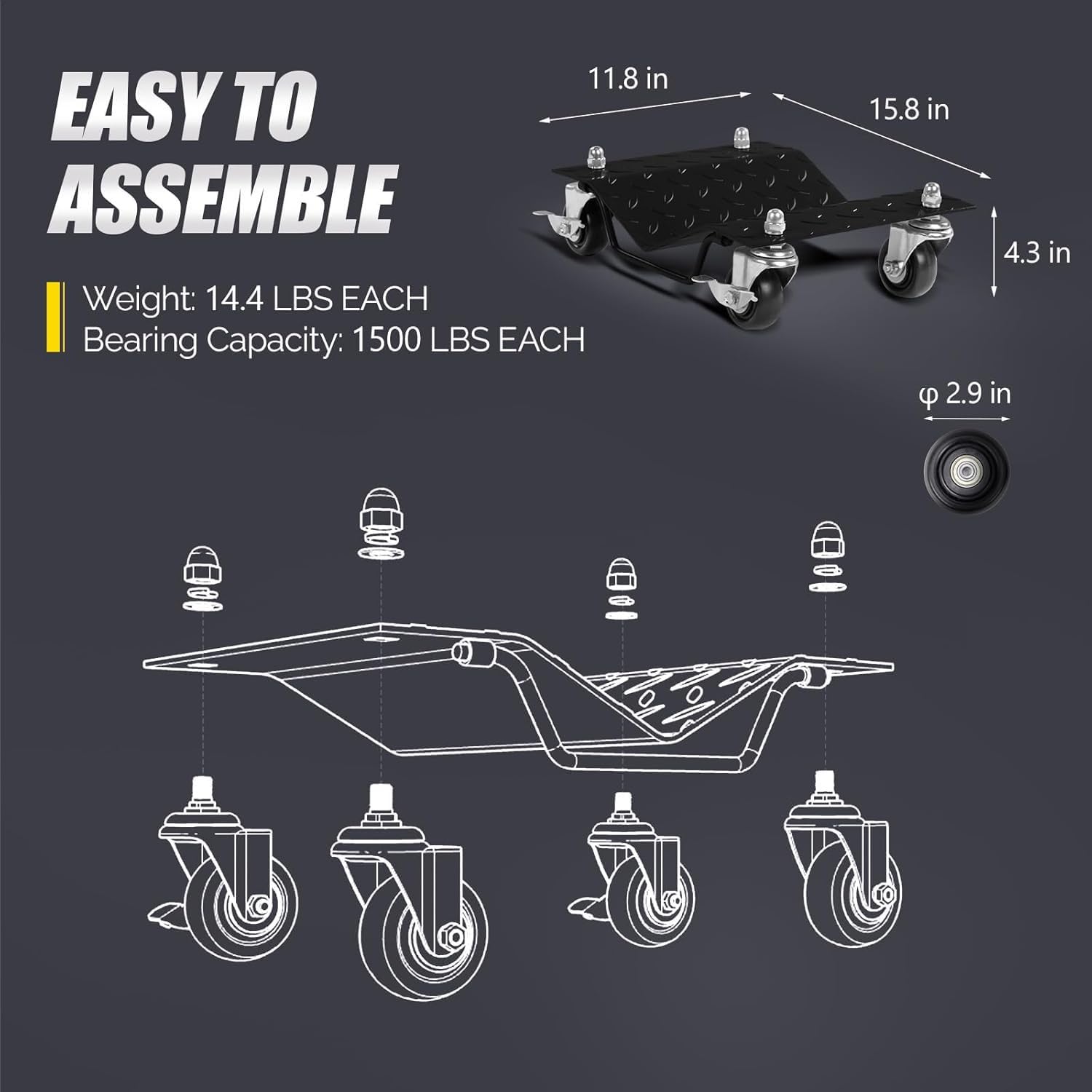 Garvee Car Dolly Set of 2, 3000LBS Capacity Wheel Dolly, Heavy Duty Vehicle Dolly Upgraded, Steel Tire Skates with Brakes, 2pcs