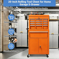 Garvee 20 Inch Heavy-Duty Tool Chest with 5 Drawers, Rolling Tool Box Cabinet on Wheels, 2-in-1 Detachable Tool Storage Organizer for Garage, Workshop, and Home Improvement, Locking Steel Tool Cart with Top Tool Box, Orange
