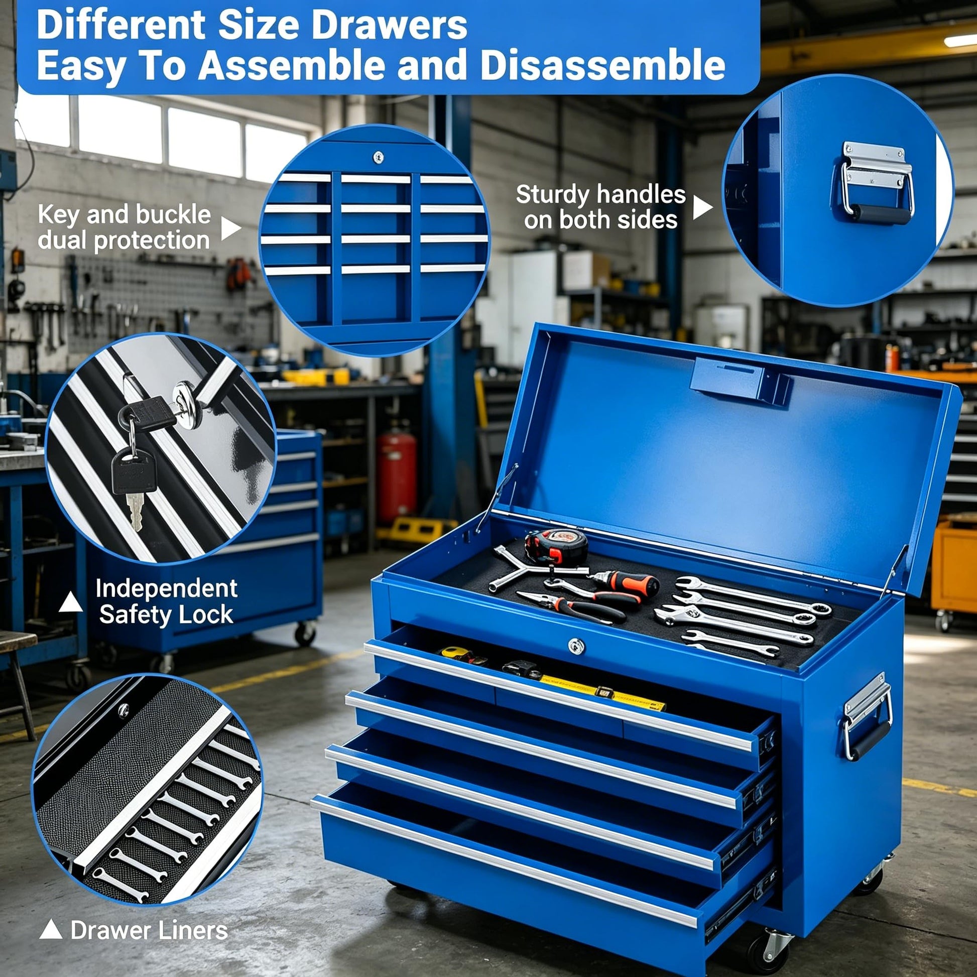 Garvee 20 Inch Heavy-Duty Tool Chest with 5 Drawers, Rolling Tool Box Cabinet on Wheels, 2-in-1 Detachable Tool Storage Organizer for Garage, Workshop, and Home Improvement, Locking Steel Tool Cart with Top Tool Box, Blue