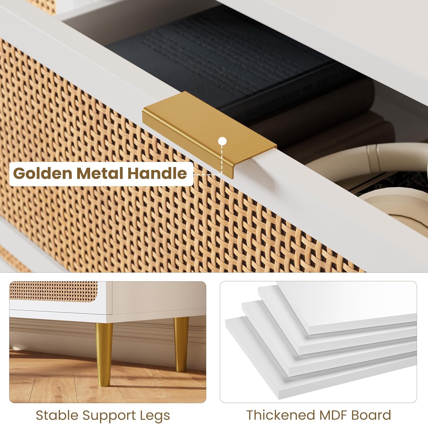 Garvee 5 Drawer Dresser for Bedroom, Rattan Chest of Drawers with Deep Drawers, Large Modern Double Dresser for Closet with Wide Top, Horizontal Wooden Dresser for Living Room, Hallway, Kids Room, Natural