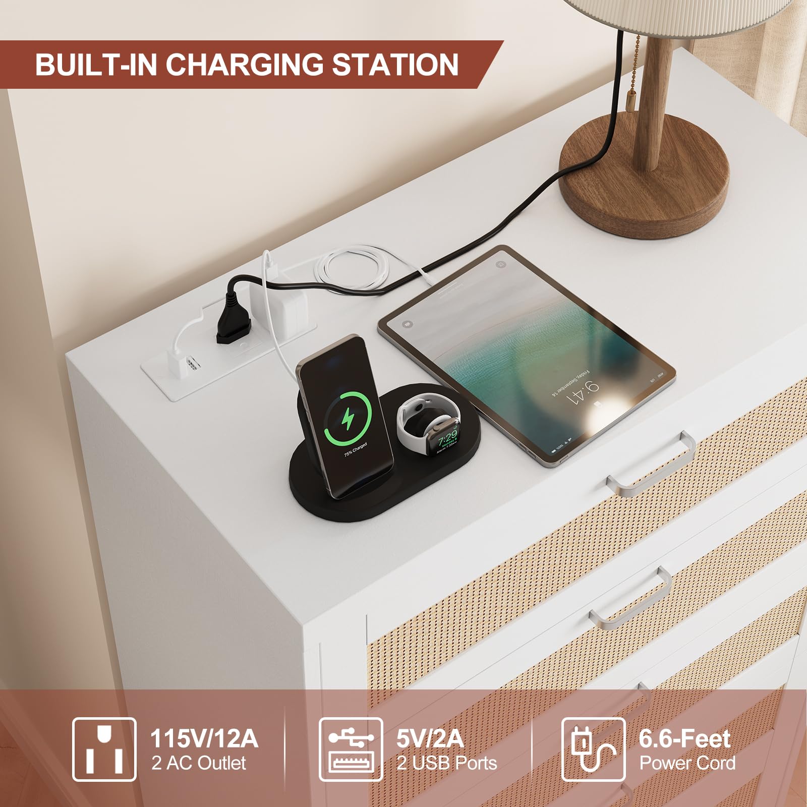 Garvee 5 Drawer Dresser Rattan Dresser, Tall Chest of Drawers, Wood Dresser for Bedroom, Closet, Living Room, Hallway