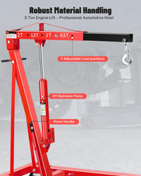 Garvee 2 Ton Engine Hoist Cherry Picker - 4400 Lbs Capacity, Foldable Design, Steel Frame, 6 Casters, Hydraulic Pump - Portable for Truck & Boat Engines, Red