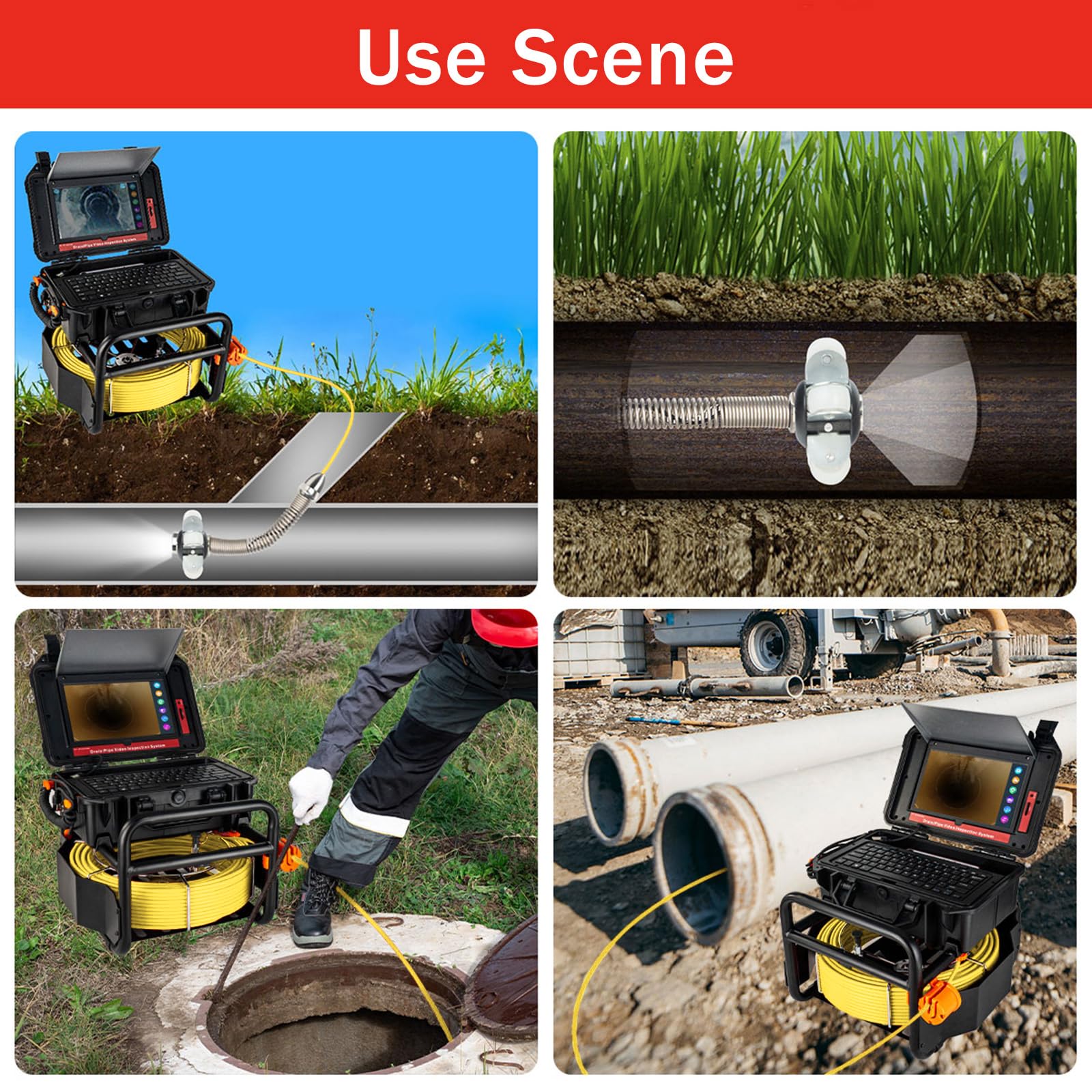 Garvee Sewer Camera 100ft Pipeline Inspection with DVR, Self-Leveling, IP68 Waterproof Aluminum, 12 LED Lights, 10.1" HD Display for Drains & Sewers
