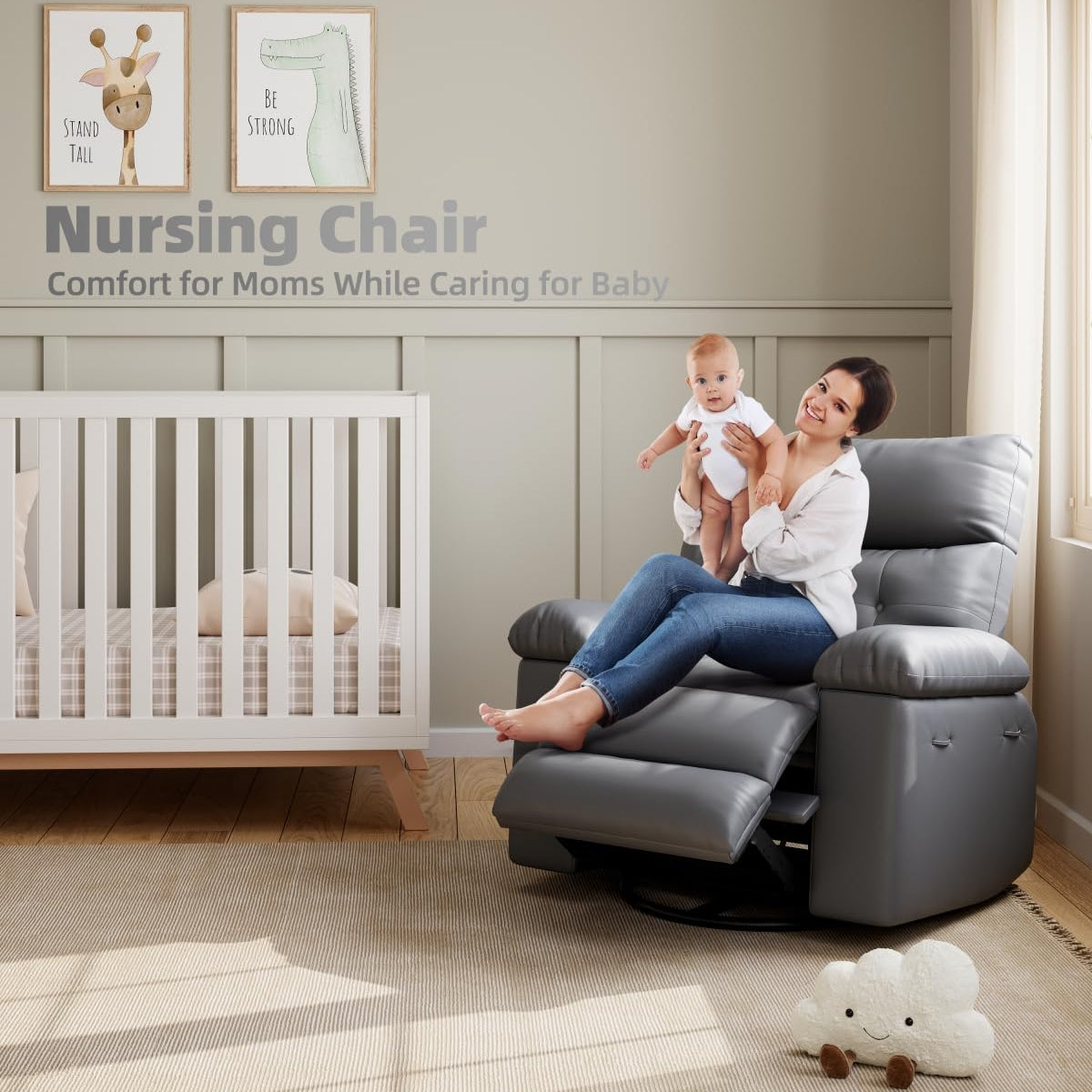 Garvee Oversized Recliner Chairs with Heat and Massage - 360° Swivel Lazy Boy Recliner Chair for Adults- Manual Rocking Chair with Cup Holder for Living Rooms, Bedrooms, and Nurseries - Grey