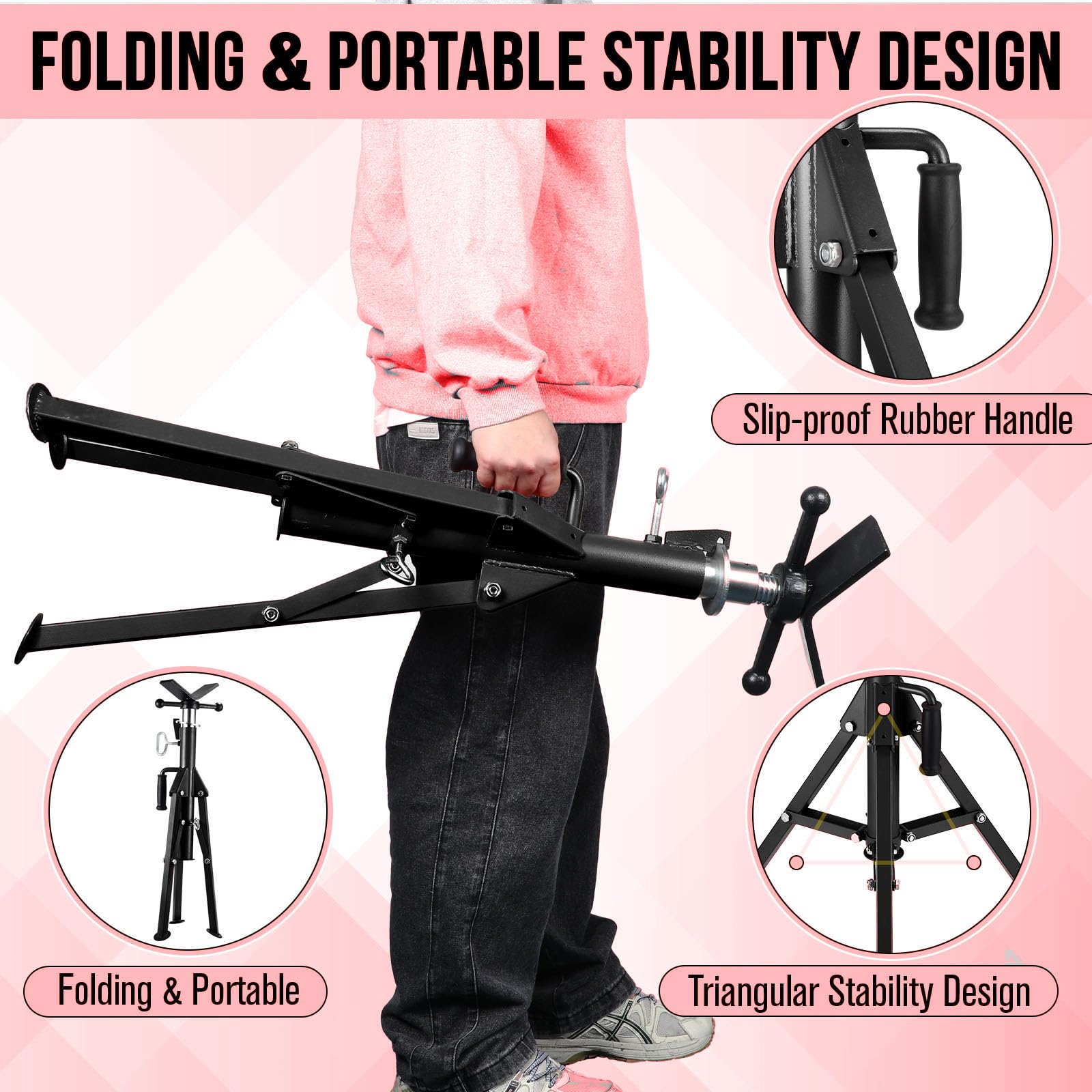 Garvee V-Head Pipe Jack Stand 2500 Lbs Load Capacity Adjustable 28-52" Height Heavy-Duty Steel Folding Legs Portable for Welding Automotive HVAC