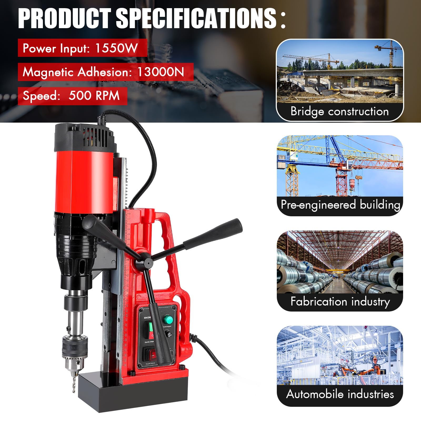 Garvee Magnetic Drill, 1100W 550RPM Portable Magnetic Drill Press, 1.57in Boring Diameter, 12Pcs Drill Bits Electric Drilling Machine for Metal Surface, Industrial and Home Improvement 500RPM