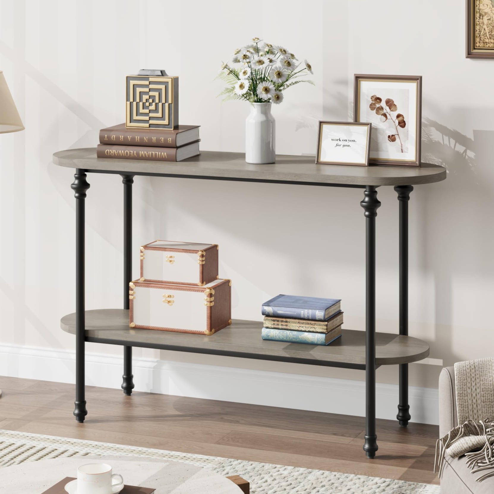 Garvee Console Table, 43.3" Entryway Table with Storage, 2 Tier Sofa Table with Metal Frame and MDF, Behind Couch Table for Living Room, Hallway, Entryway-Grey