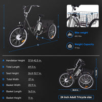 Garvee 24 Inch Adult Electric Tricycle Folding 7-Speed Electric Tricycle with Basket, 36V Detachable Battery, 250W Brushless Motor Suitable for Men and Women, Dark Gray