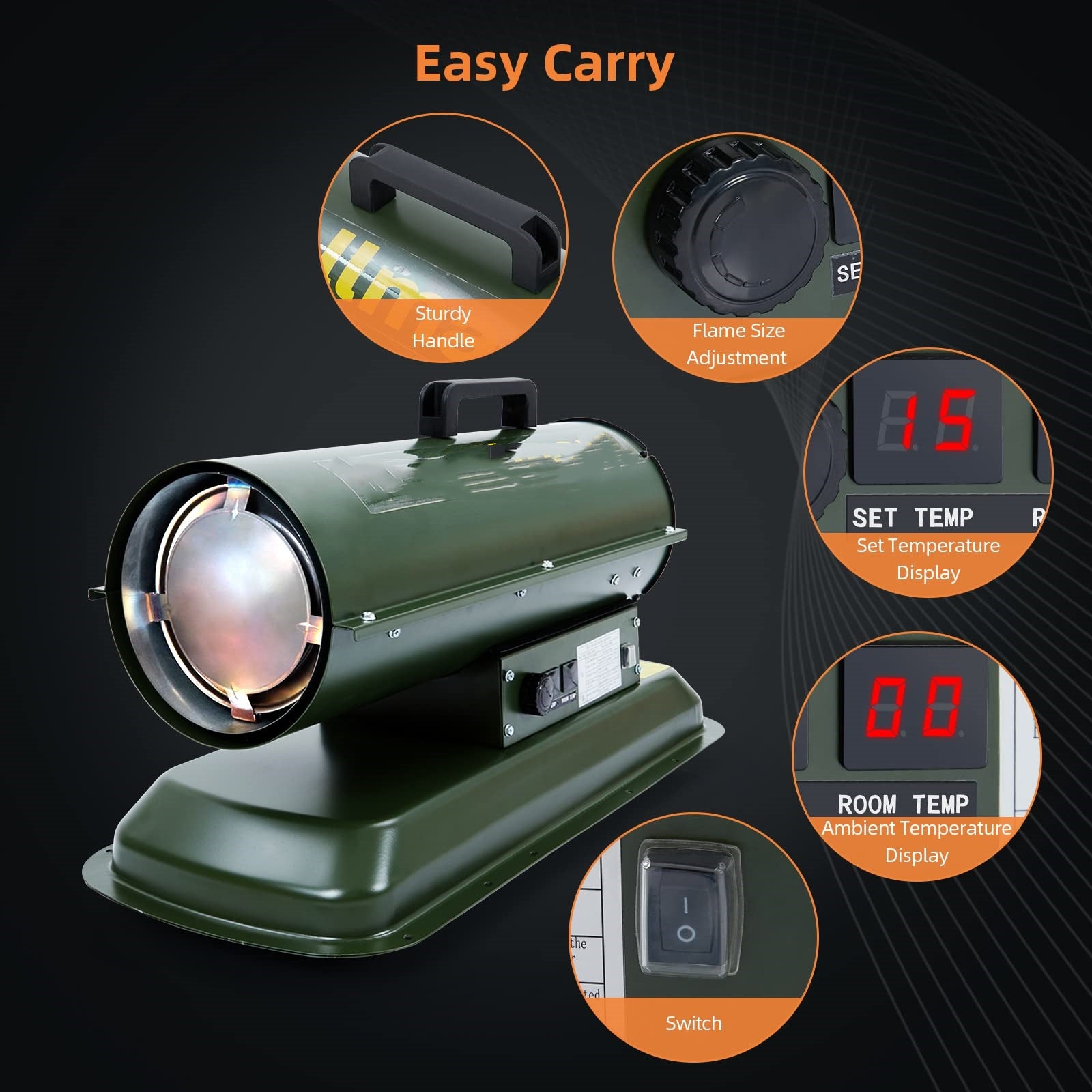 Garvee 80000 BTU Forced Air Diesel and Kerosene Heater, Thermostat Control, Portable for Outside, Jobsite, Garage, Construction, Green