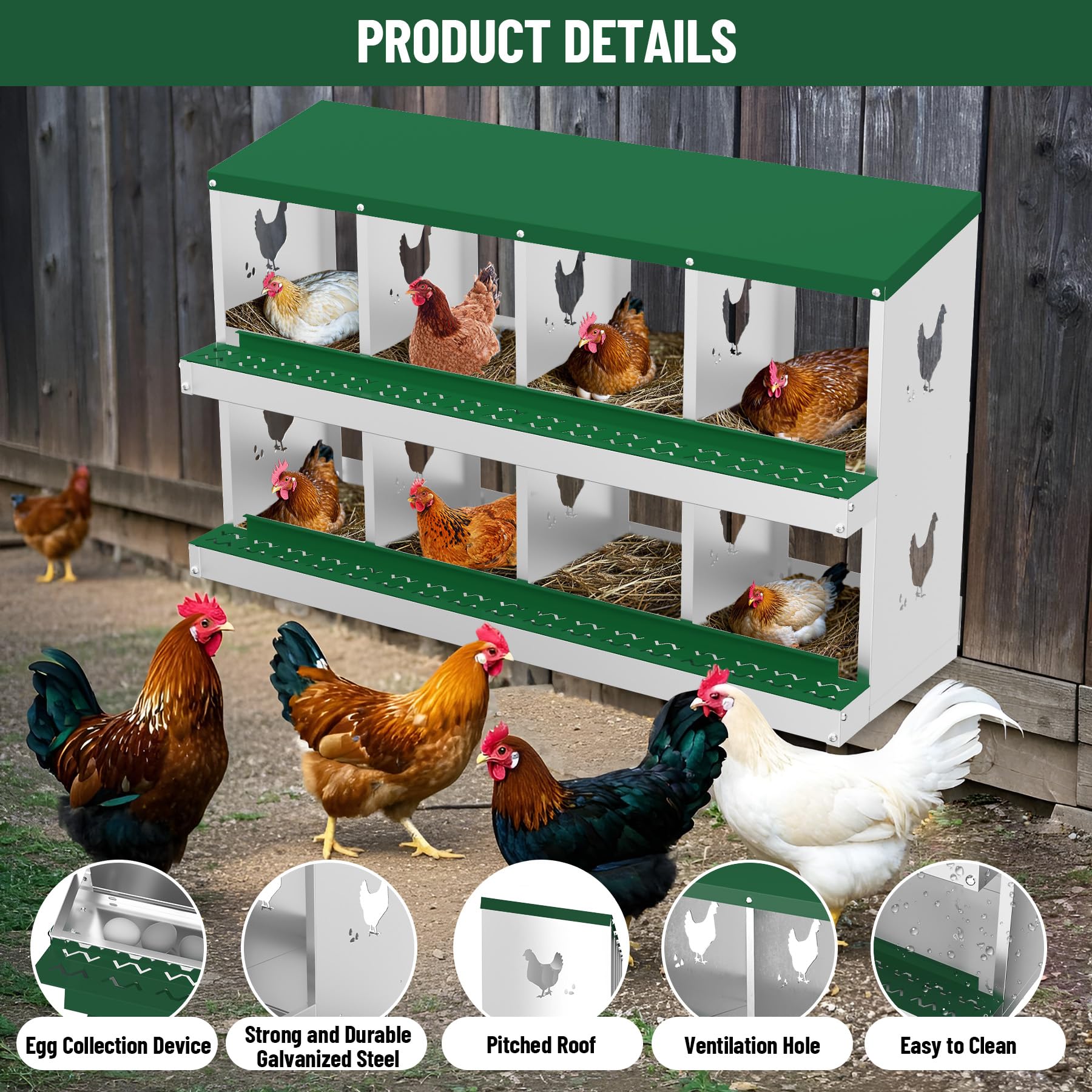 Garvee 8 Compartments Metal Chicken Nesting Boxes, Nesting Boxes, Chicken Laying Box with Roll Out Egg Collection with Vented Holes