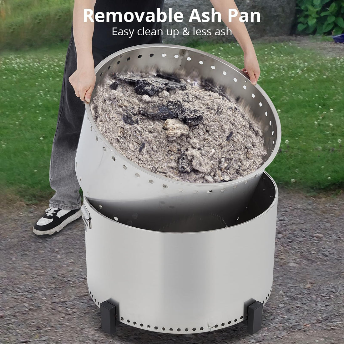 Garvee 27 Inch Smokeless Firepit Outdoor, Stainless Steel Fire Pit with Removable Stand & Ash Pan, Large Portable Outdoor Fire Pit, Smokeless Wood Burning Firepit for Camping Backyard