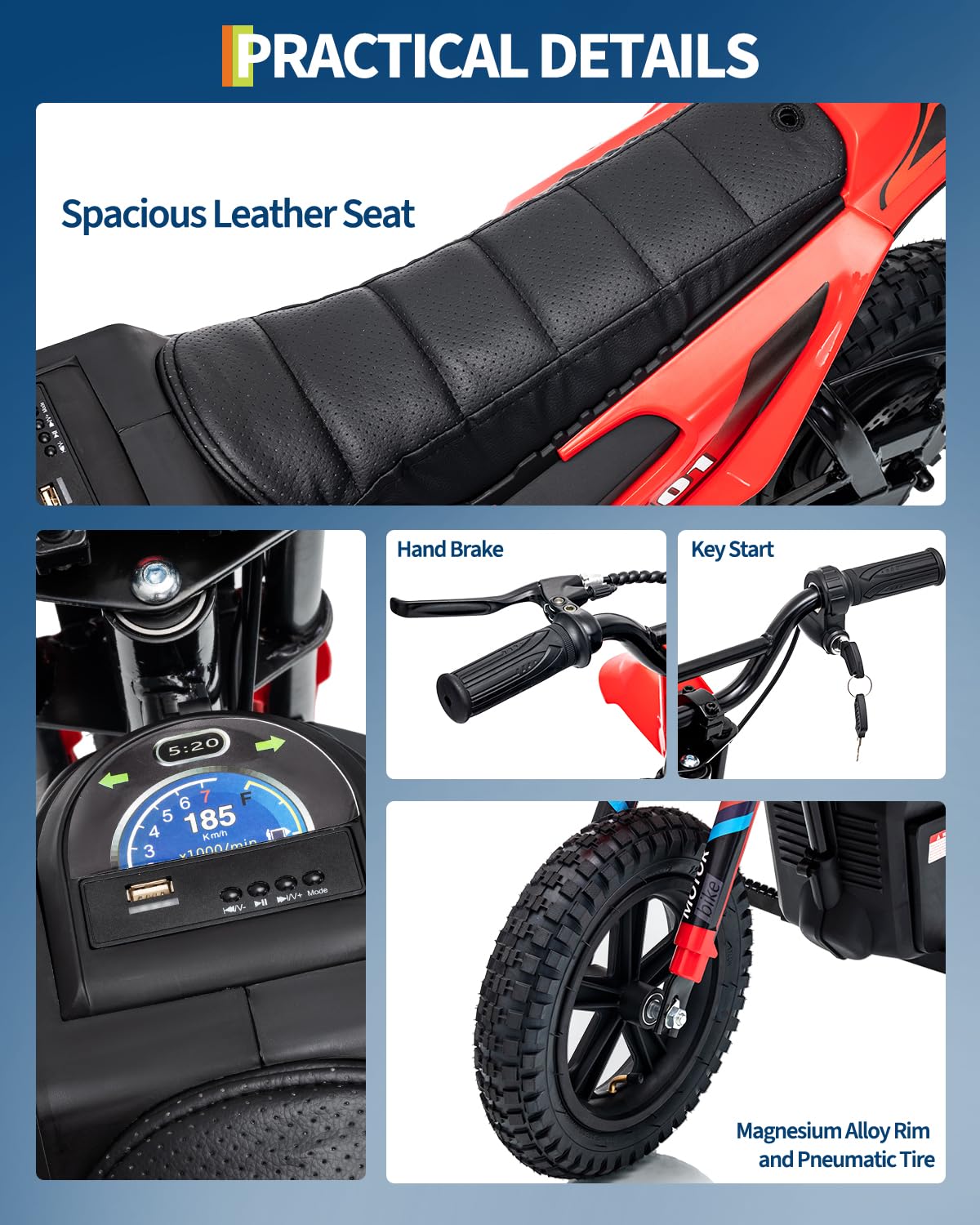 Garvee 24V Electric Dirt Bike 350W Motor 10MPH Speed Key Start Hand Brake 12" Fat Tires Dual Suspension Kids Outdoor Riding